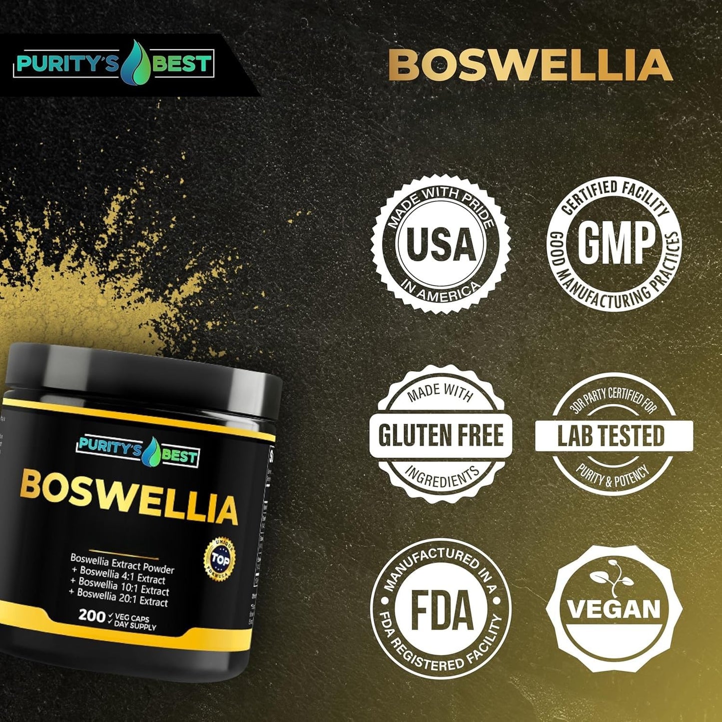 Purity`s Best Boswellia Serrata 4X + 10x + 20x Extract Immune Support and Muscle Relief Capsule, 200 Count