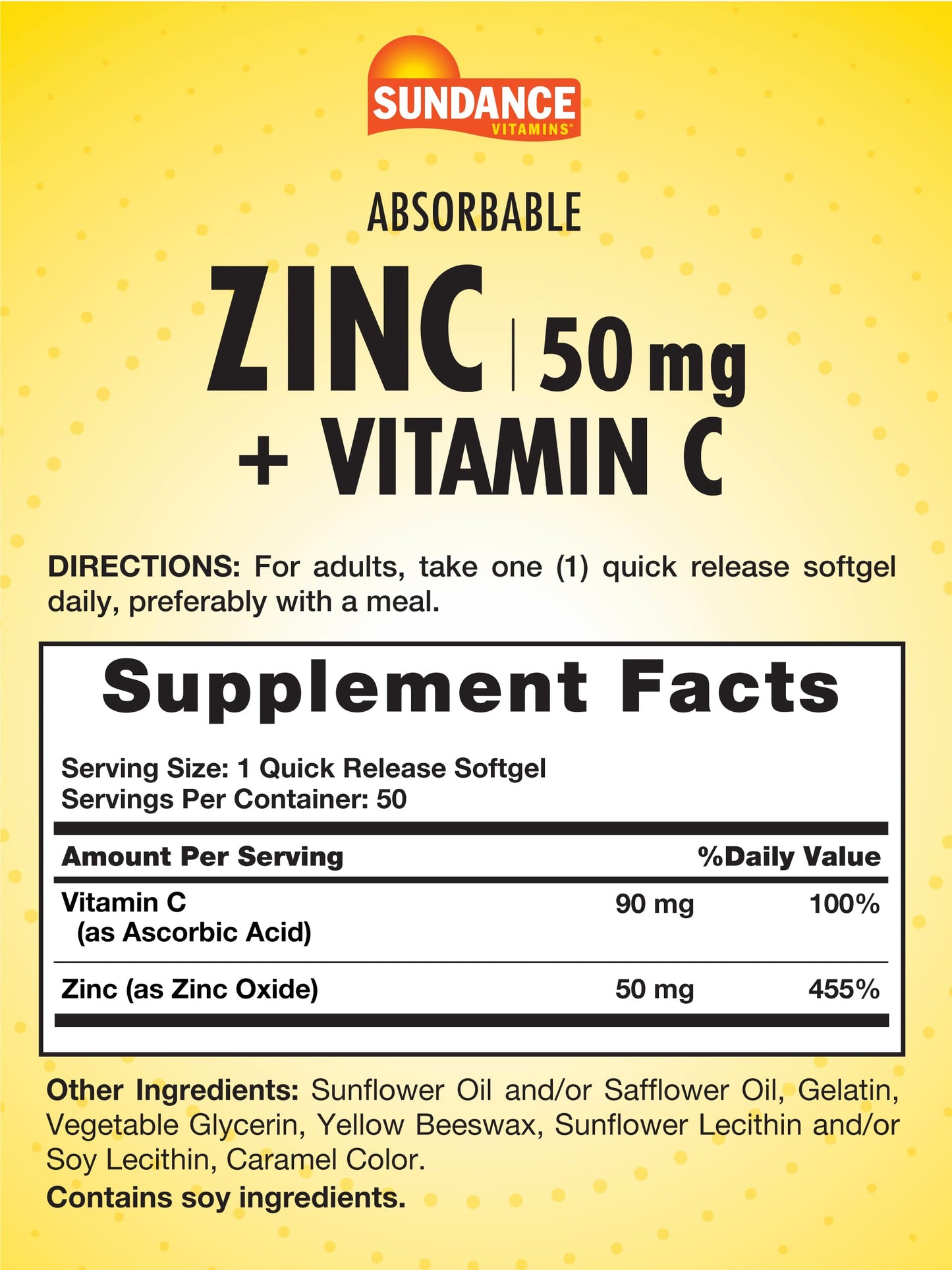 Sundance Absorbable Zinc with Vitamin C 50mg Softgels, 50 Count