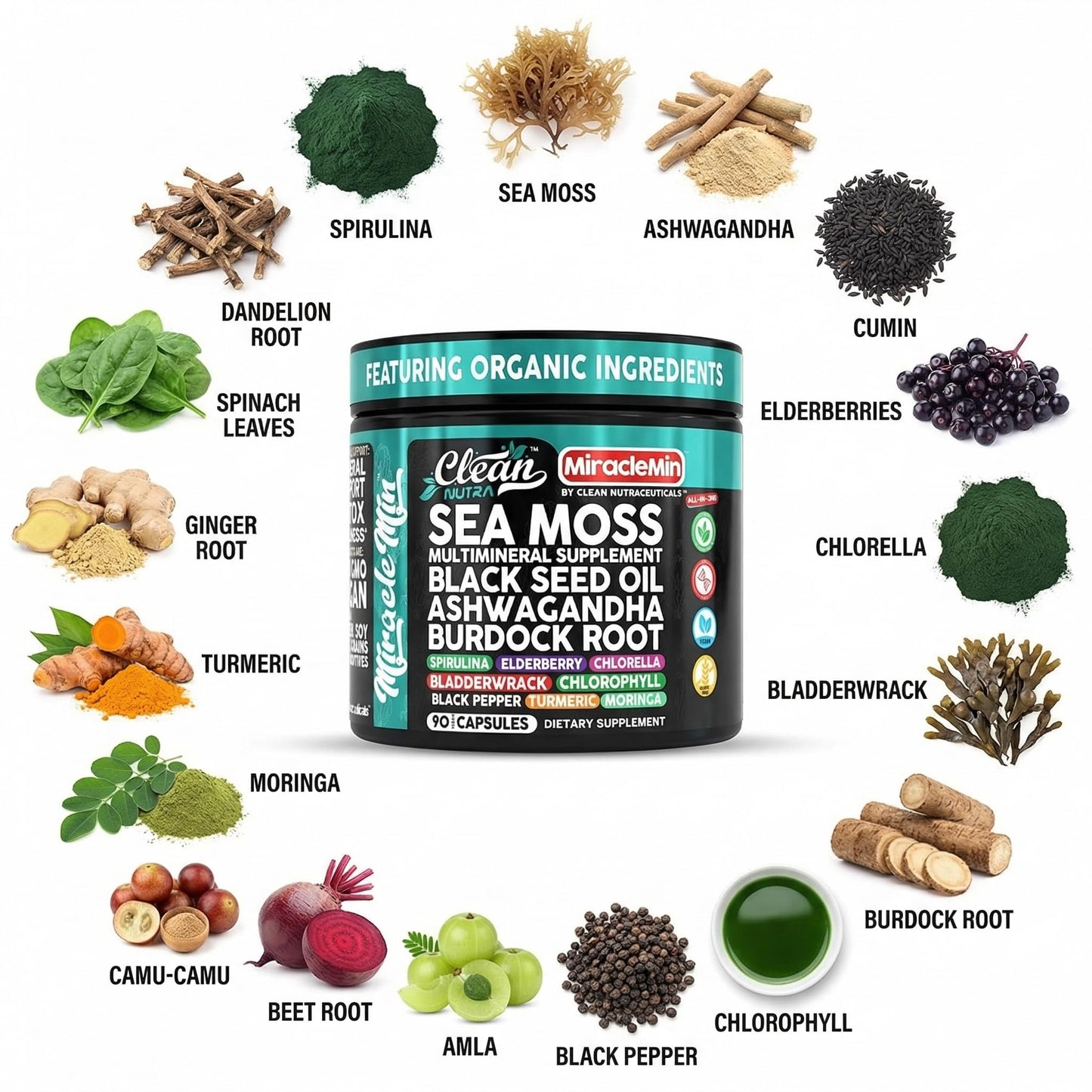 Clean Nutraceuticals Organic Sea Moss Capsules with Ashwagandha, Black Seed Oil, Burdock Root, Bladderwrack, Moringa, Chlorella, Spirulina, Turmeric, Elderberry, Amla, 90 Capsules