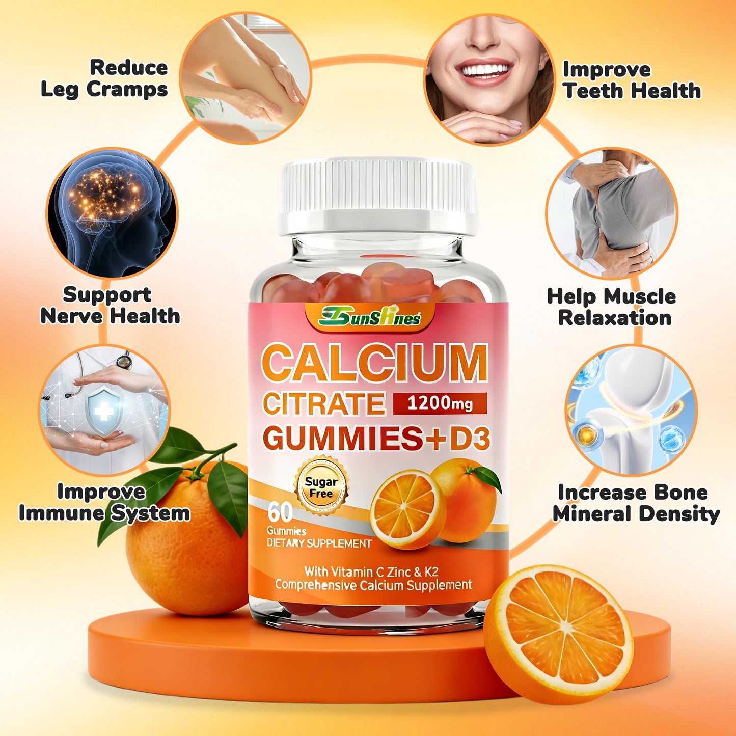 tsunshnes Calcium Citrate Gummies 1200mg with Vitamin D3, K2, Zinc and Vitamin C 5-in-1 Immune Support - Sugar Free, Non-GMO Chewable - Orange Flavor, 60 Count