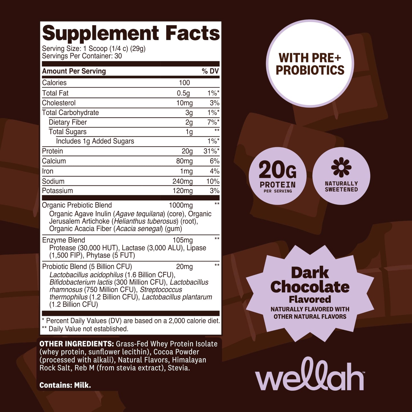 Wellah Grass-Fed Whey Protein Isolate Powder (Dark Chocolate), 31.1 oz