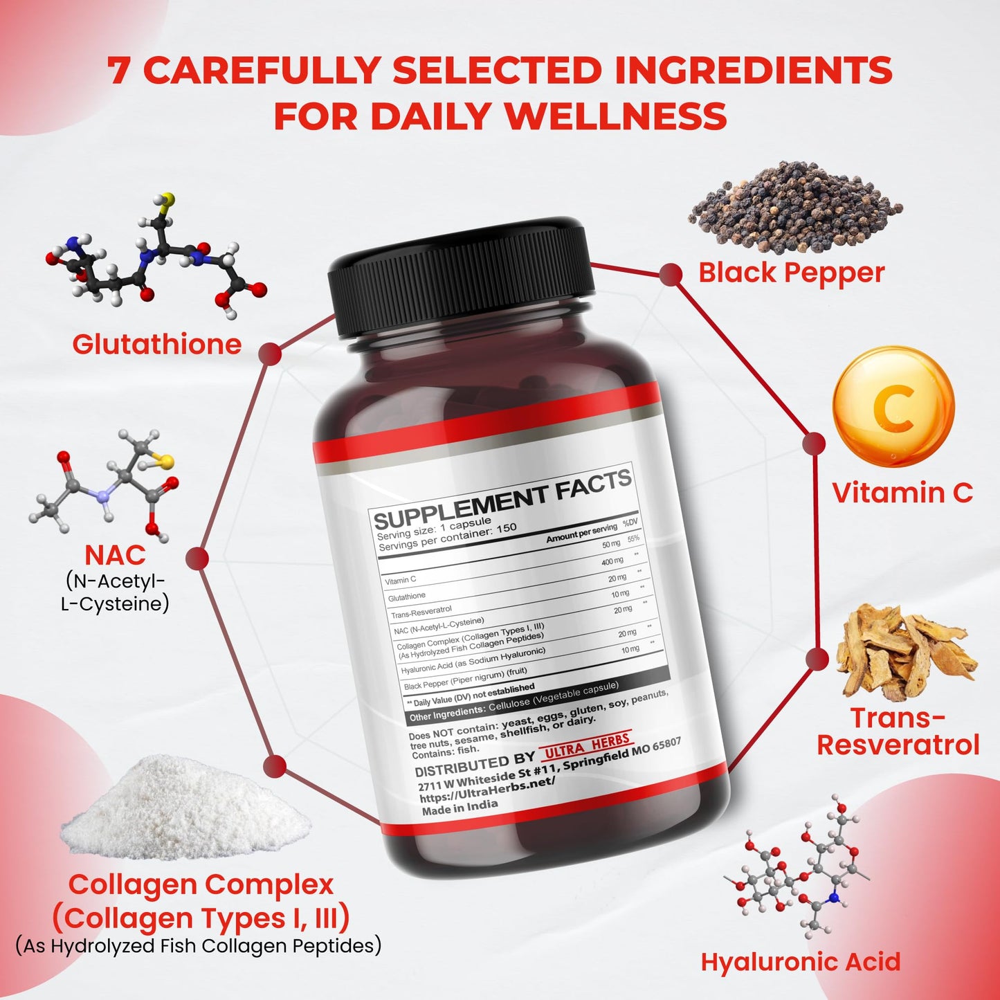 ULTRA HERBS Glutathione Supplement Active Reduced Form Capsules 150