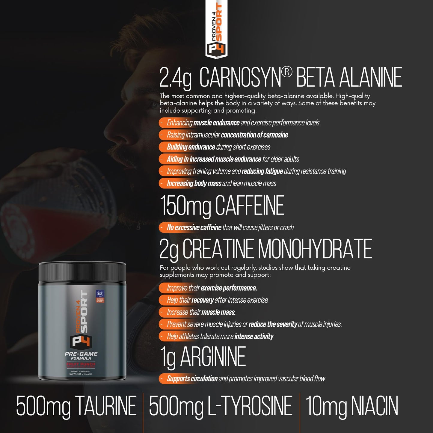 Proven4 Sport Pre Workout Powder with Creatine, Beta-Alanine and Caffeine, NSF Certified, Fruit Punch, 10.58 Ounce