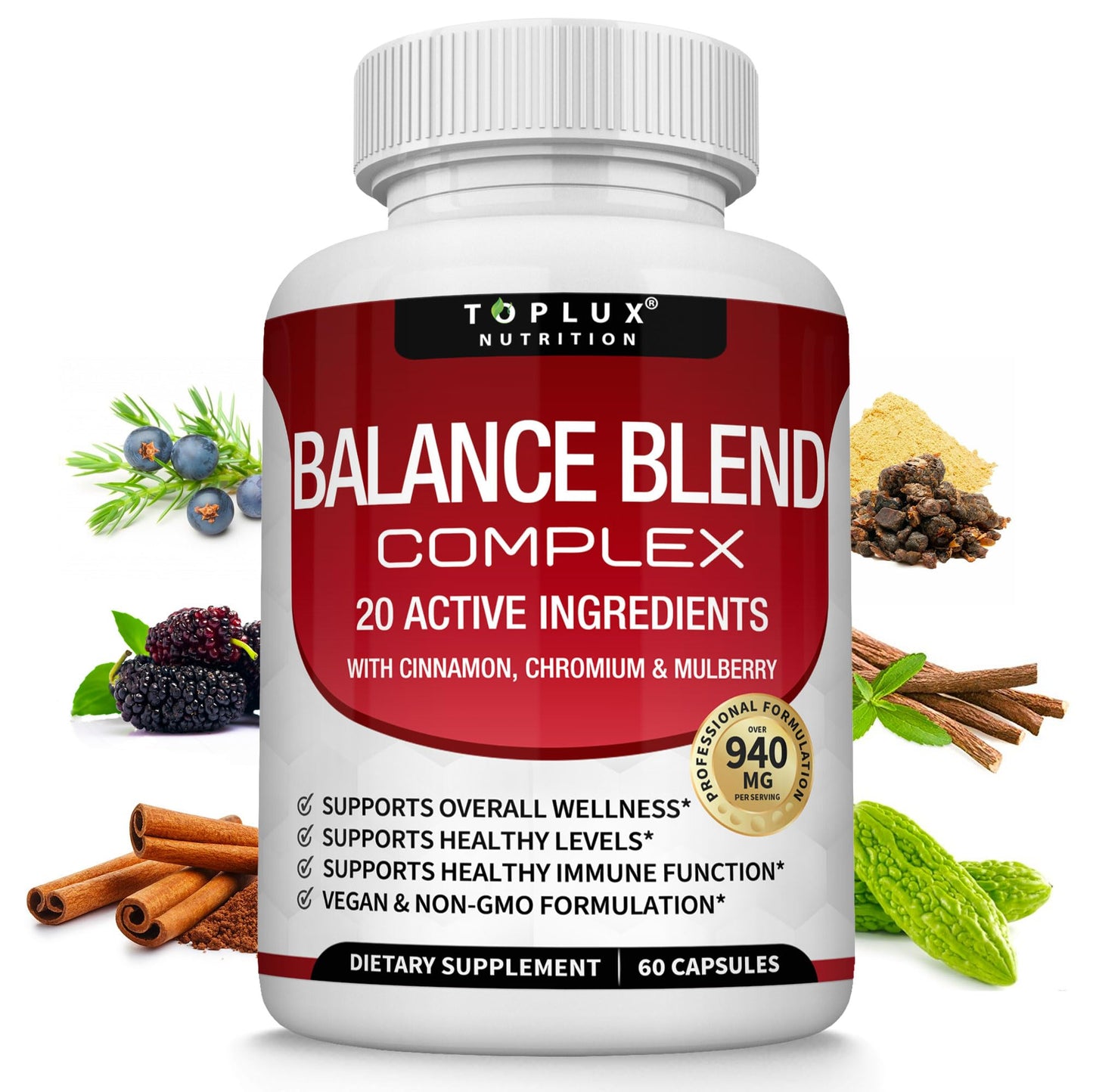 Toplux Premium Natural Balance Blend Complex Supplement - Natural 20 Herbs and Vitamins with Cinnamon Non-GMO Vegan, for Men Women, 60 Capsules