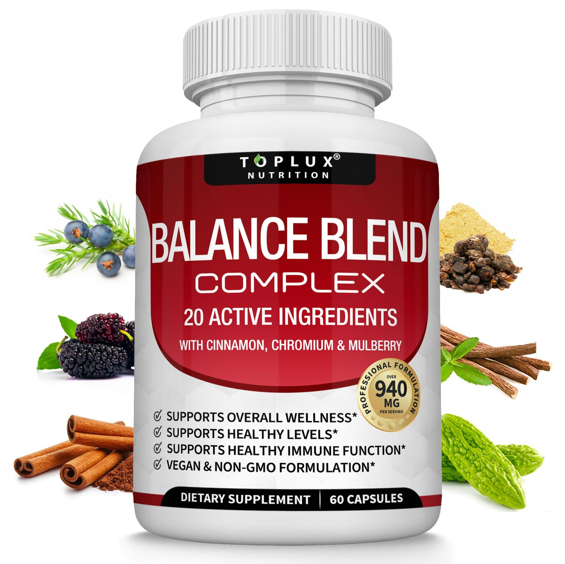 Toplux Premium Natural Balance Blend Complex Supplement - Natural 20 Herbs and Vitamins with Cinnamon Non-GMO Vegan, for Men Women, 60 Capsules