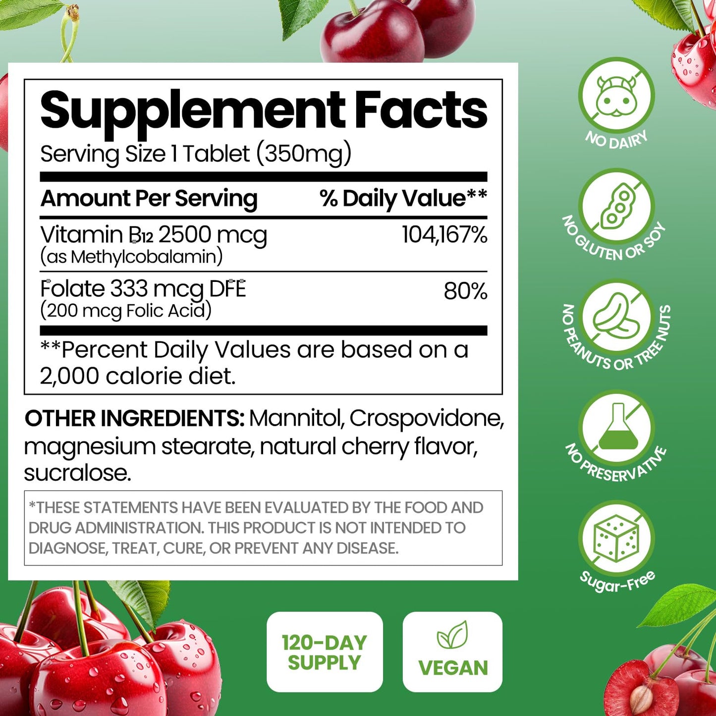 UMEWISH Vitamin B12 Methylcobalamin Dissolvable Tablet 2500 mcg with Folic Acid Cherry Flavor, 120 Tablets