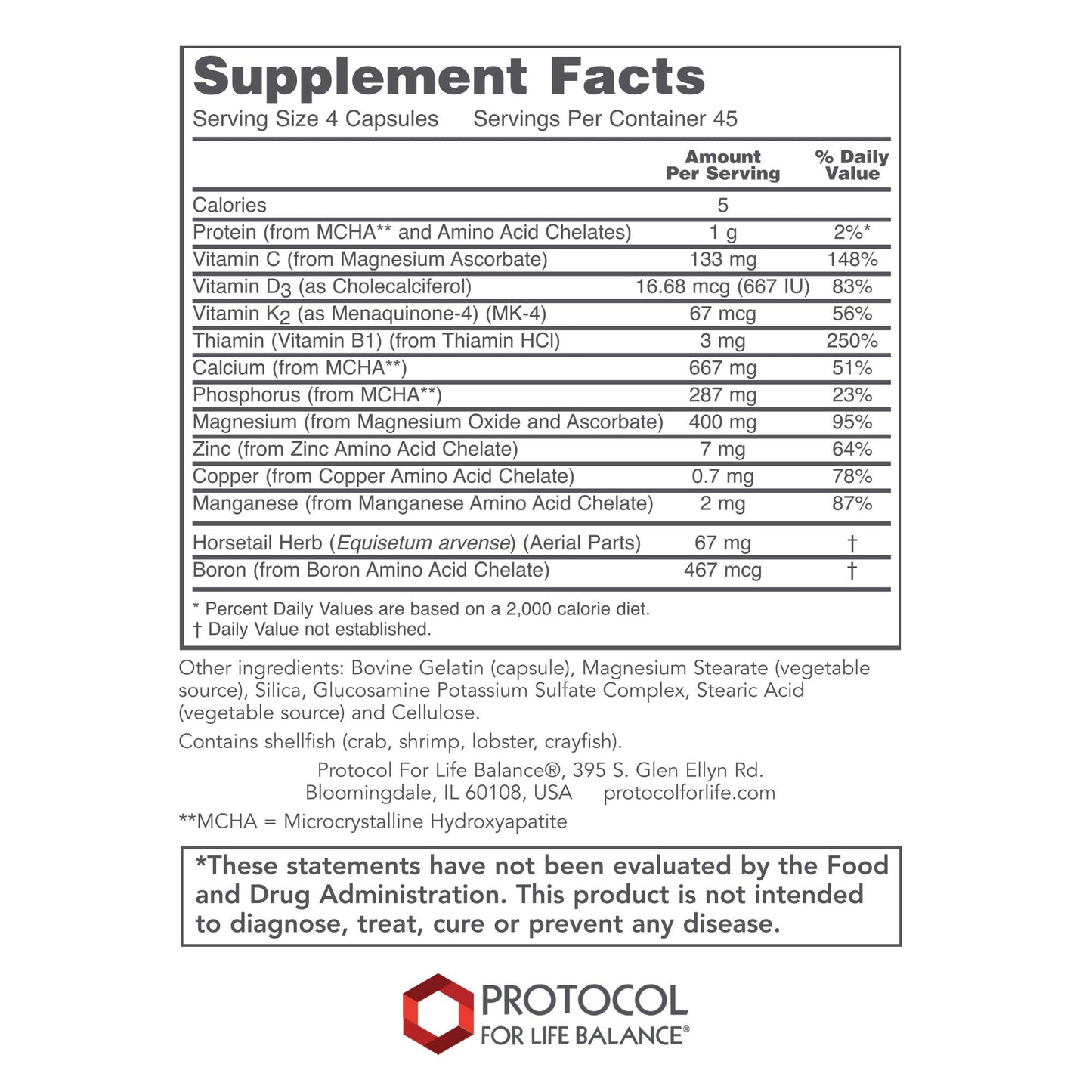 PROTOCOL FOR LIFE BALANCE Bone Support Formula with Calcium Capsule, 180 Count