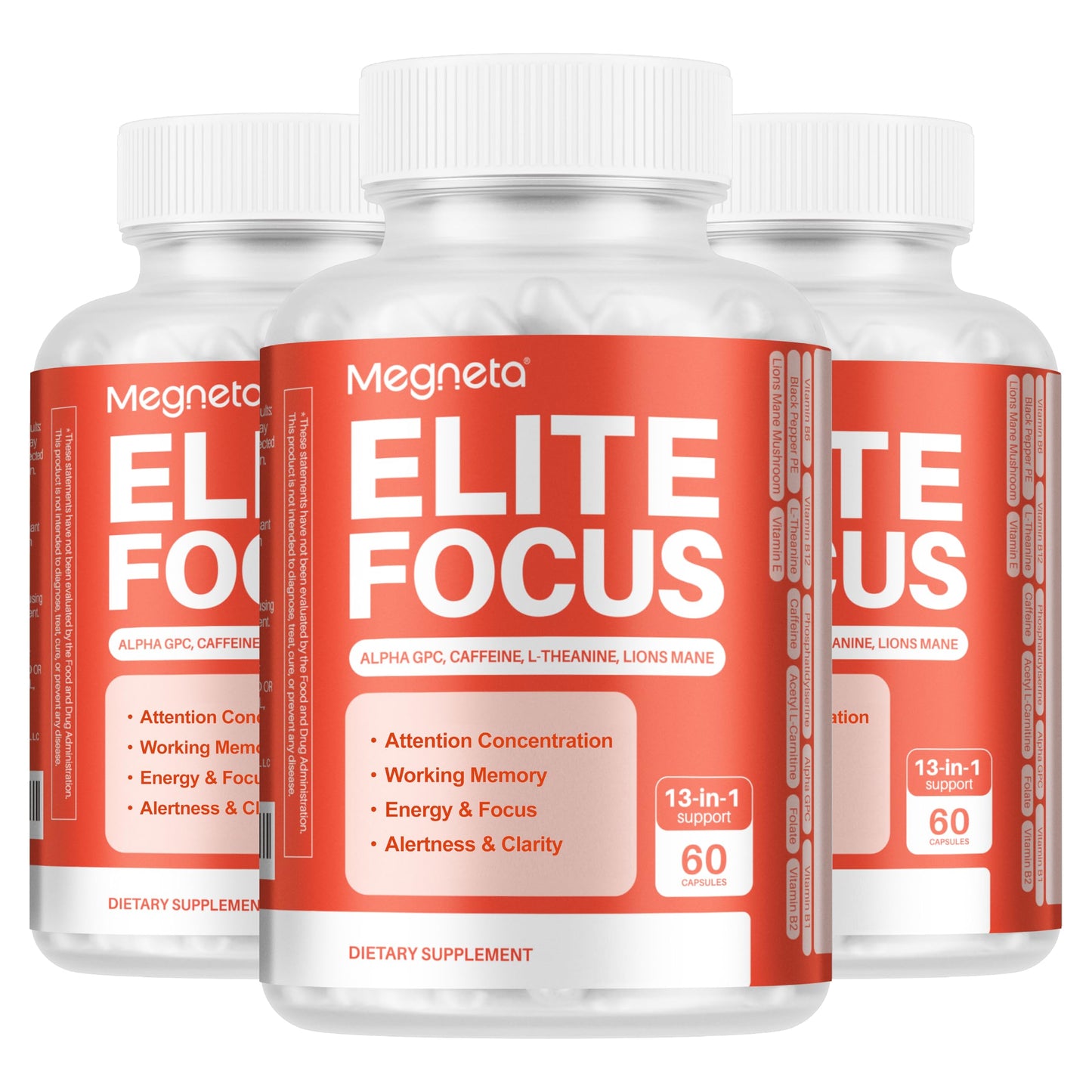MEGNETA Elite Focus Premium Nootropic Supplement with Multi-Vitamin & L-Theanine for Cognitive Support 180 Capsules