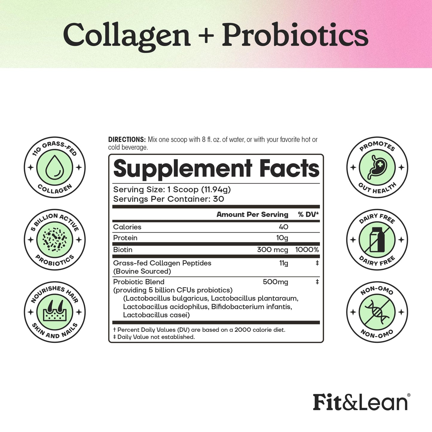 Fit & Lean Collagen + Probiotics, Peptide Powder 12.64 Ounce