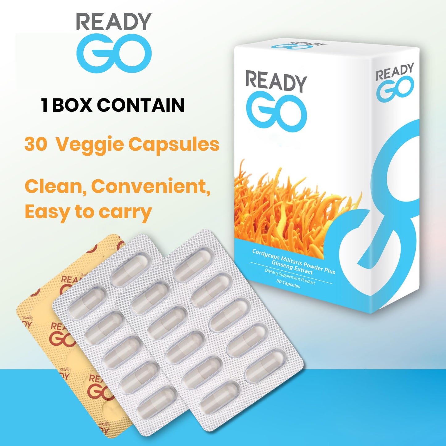 READYGO Cordyceps Militaris Mushroom Capsules with Ginseng Extract, Energy, Stamina and Immune Support, 30 Capsules