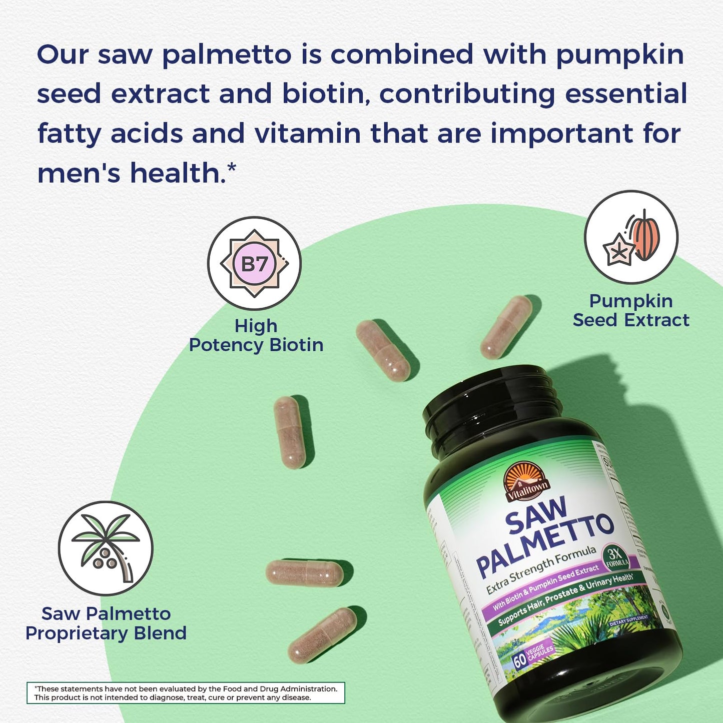 Vitalitown Saw Palmetto for Men 1500 mg with Pumpkin Seed Extract, Biotin 10000 mcg, Urinary and Prostate Support, Hair Growth, DHT Blocker, 60 Capsules