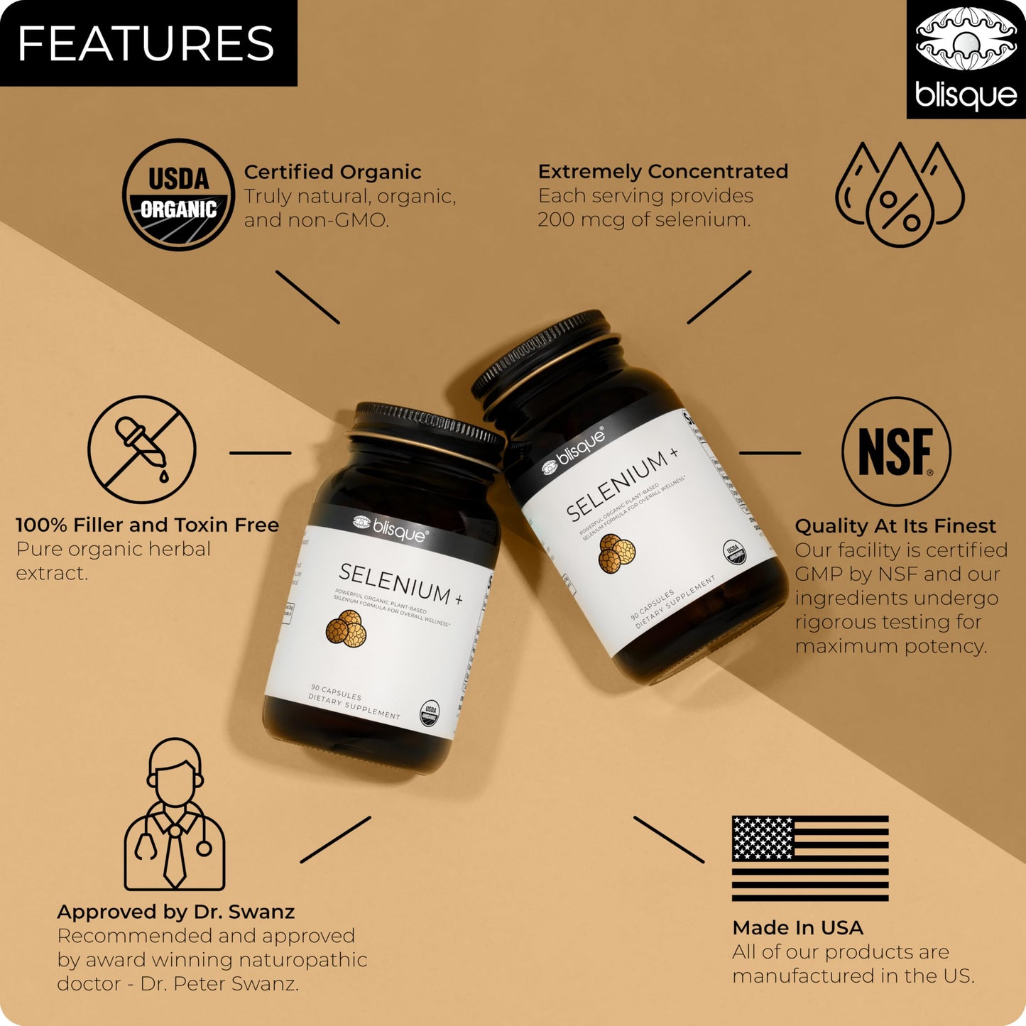 Blisque Organic Selenium for Thyroid Support, Immune System, and Heart Health with Organic Mustard Seeds, 90 Capsules