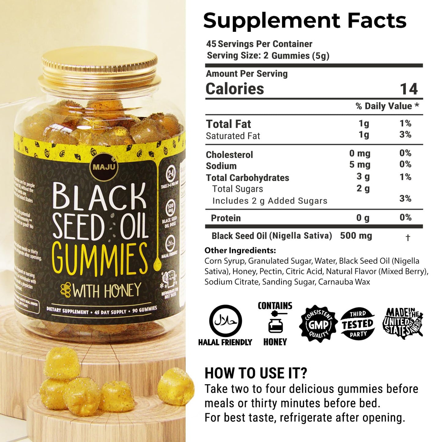 Maju Superfoods Black Seed Oil Gummies with Honey 500mg BSO Gummy, 270 Gummies