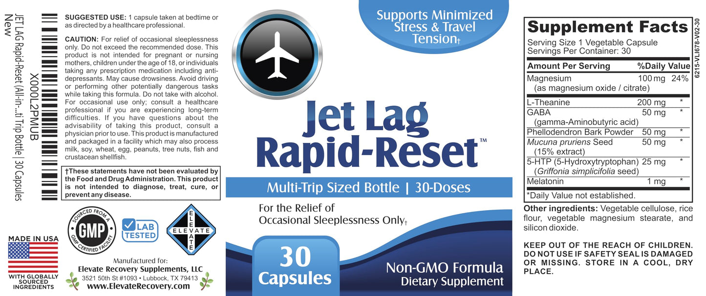 Elevate Recovery Supplements Jet Lag Rapid-Reset (7-in-1) Support Supplements Capsules 30 Count