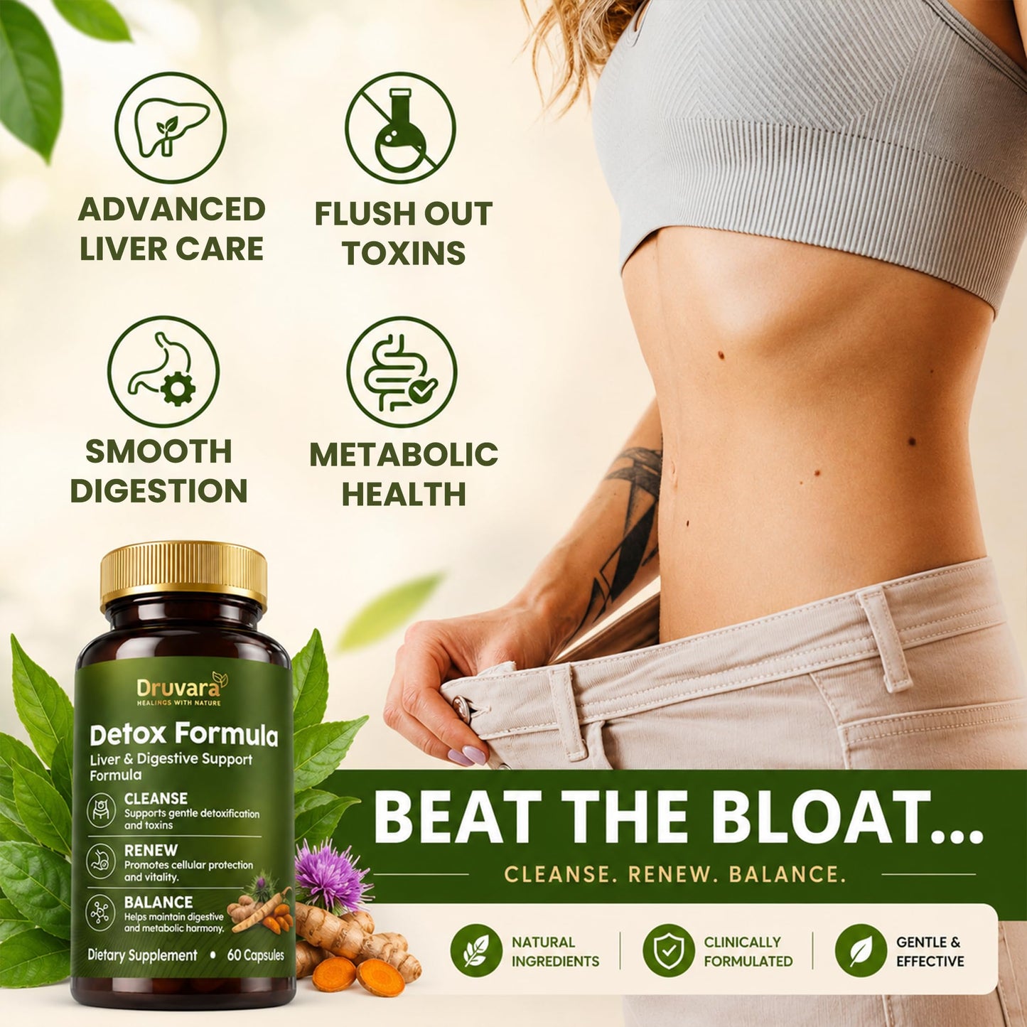 Druvara Detox Capsules with Milk Thistle, Dandelion Root & Herbal Blend, Natural Liver Detox Supplement, Digestion & Energy Support, 60 Capsules