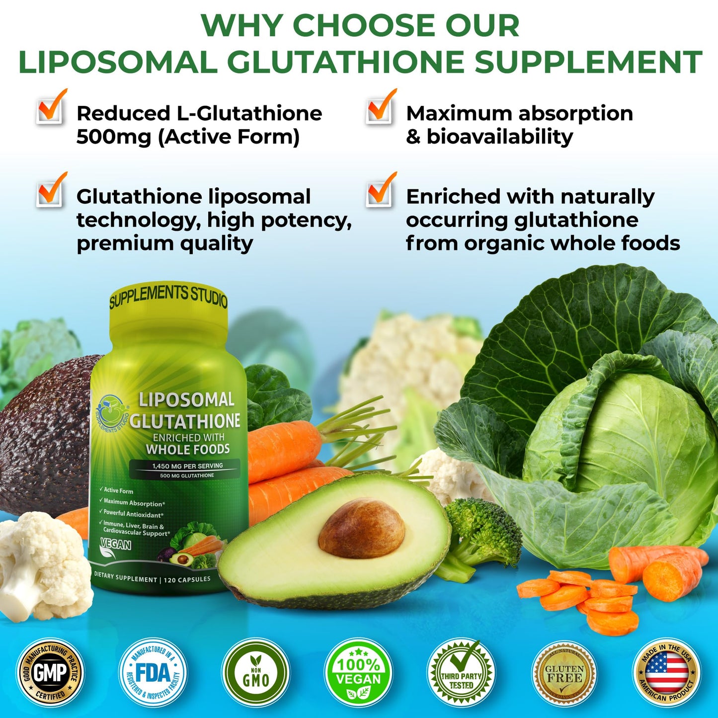 SUPPLEMENTS STUDIO Immune Support Bundle – Liposomal Vitamin C 1500mg + Liposomal Glutathione 500mg + Quercetin with Bromelain, Zinc & Vitamin C – Vegan, Non-GMO, Enhanced Absorption Formulas, 120 Capsules