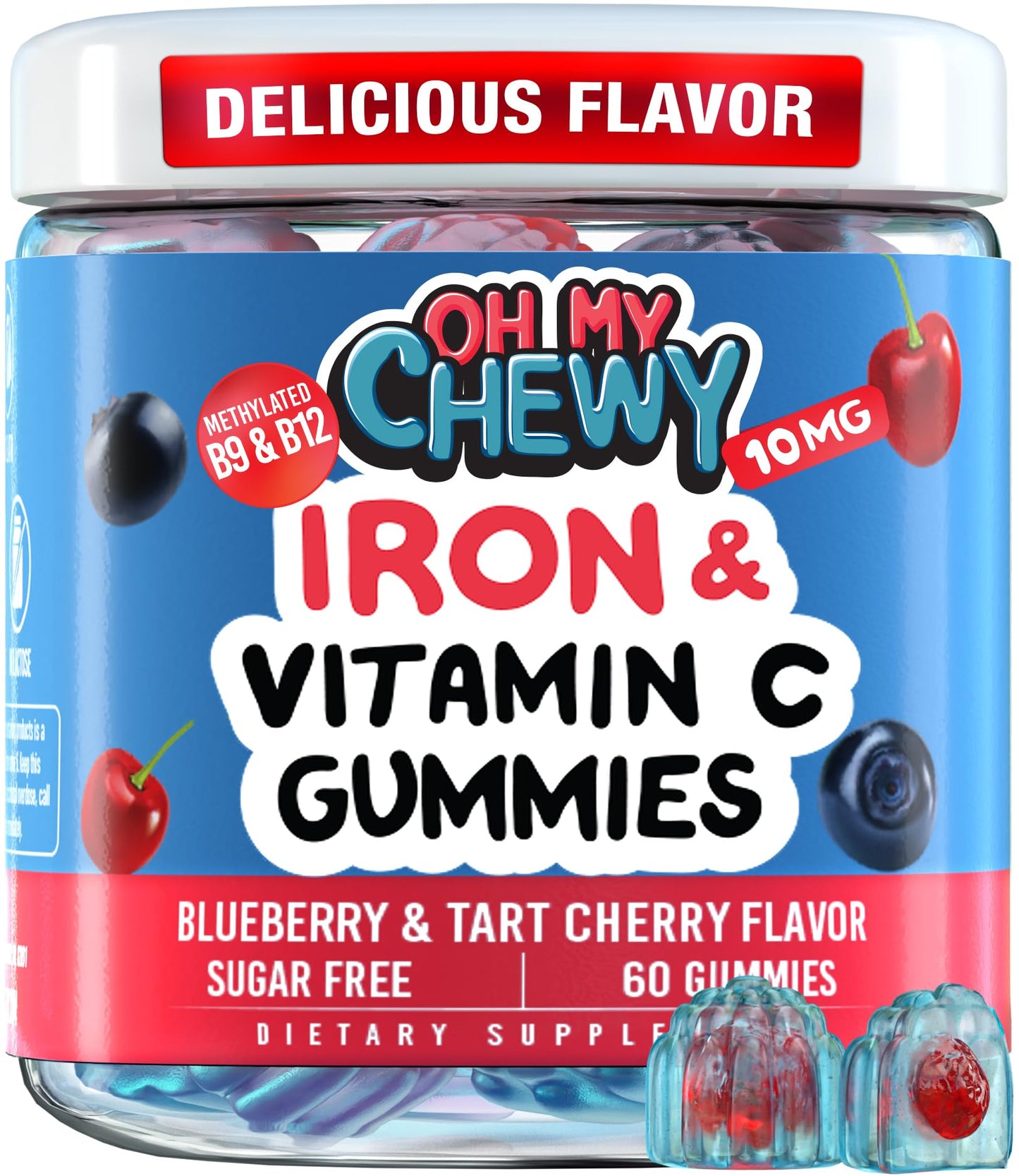 OH MY CHEWY Center-Filled Iron Gummies for Kids with 5-MTHF, Sugar-Free and Vitamin C, 60 Gummies