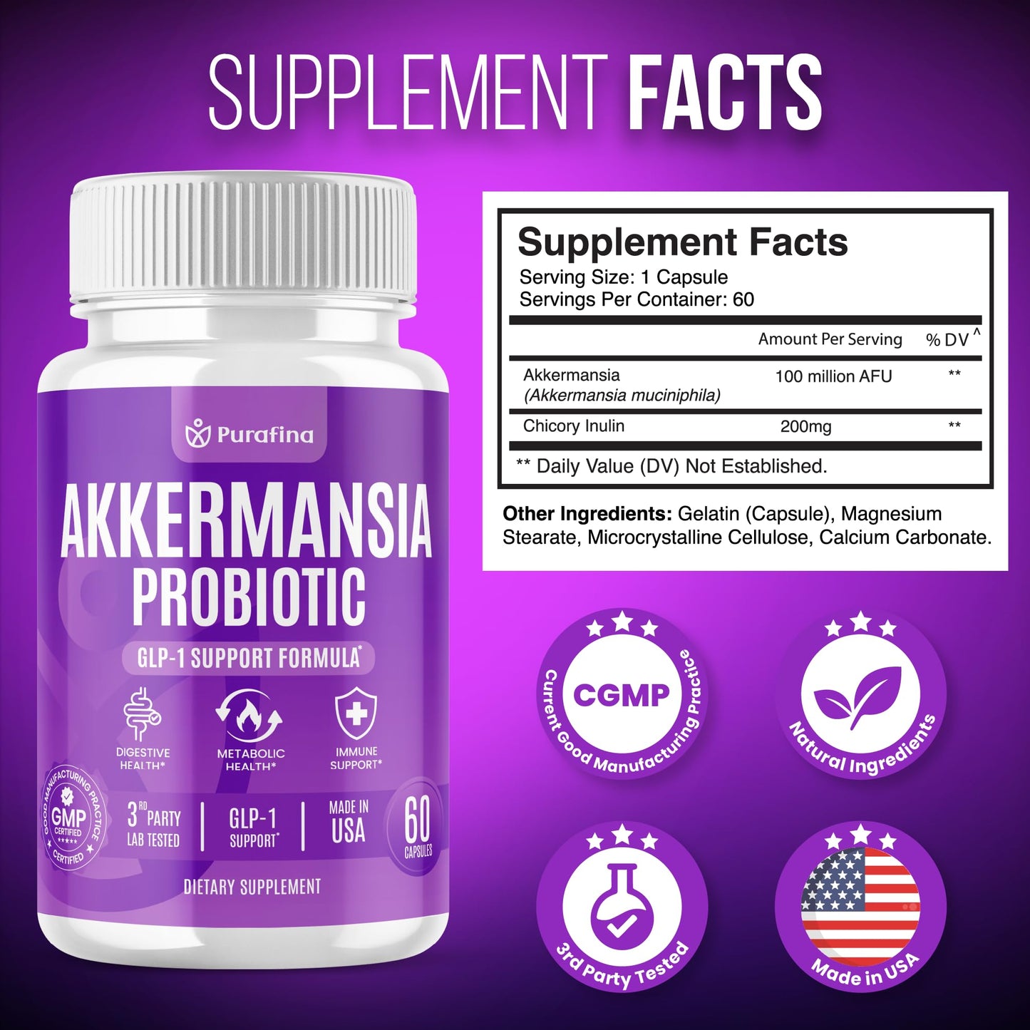 Purafina Akkermansia Probiotic with Prebiotic Chicory Inulin for Increased GLP-1 Support, Akkermansia Muciniphila Probiotic Supplement Delayed Release, Gut Health & Digestive Support Capsule 60 Count