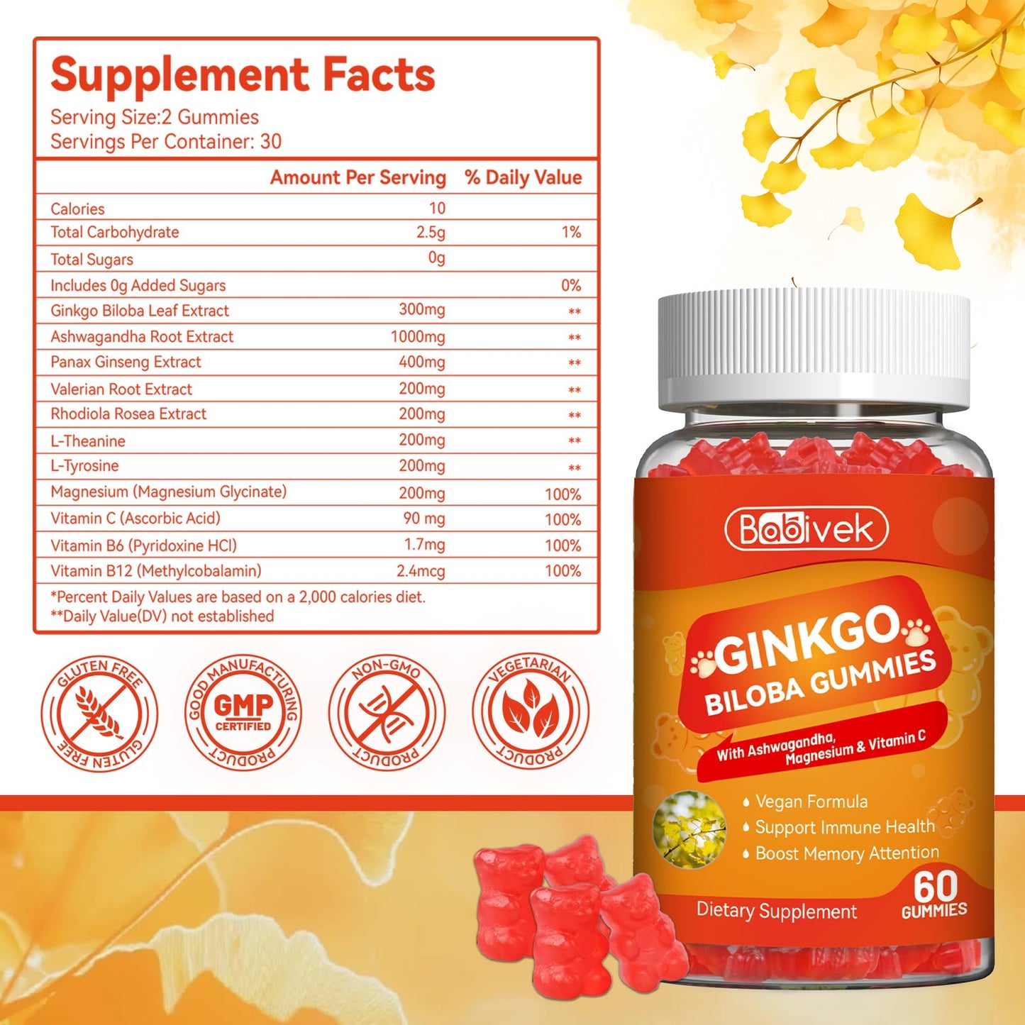 Babivek Ginkgo Biloba Gummies with Ashwagandha, Vitamin C & Magnesium, 120 Count