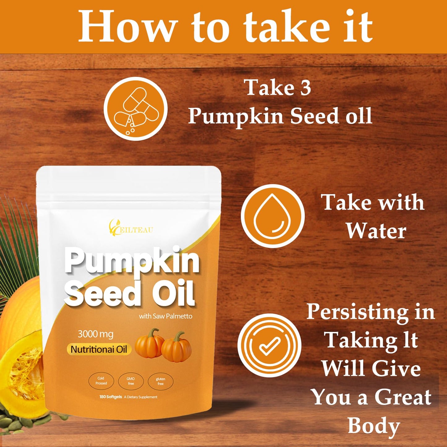 EILTEAU Pumpkin Seed Oil with Saw Palmetto Capsule, 180 Count