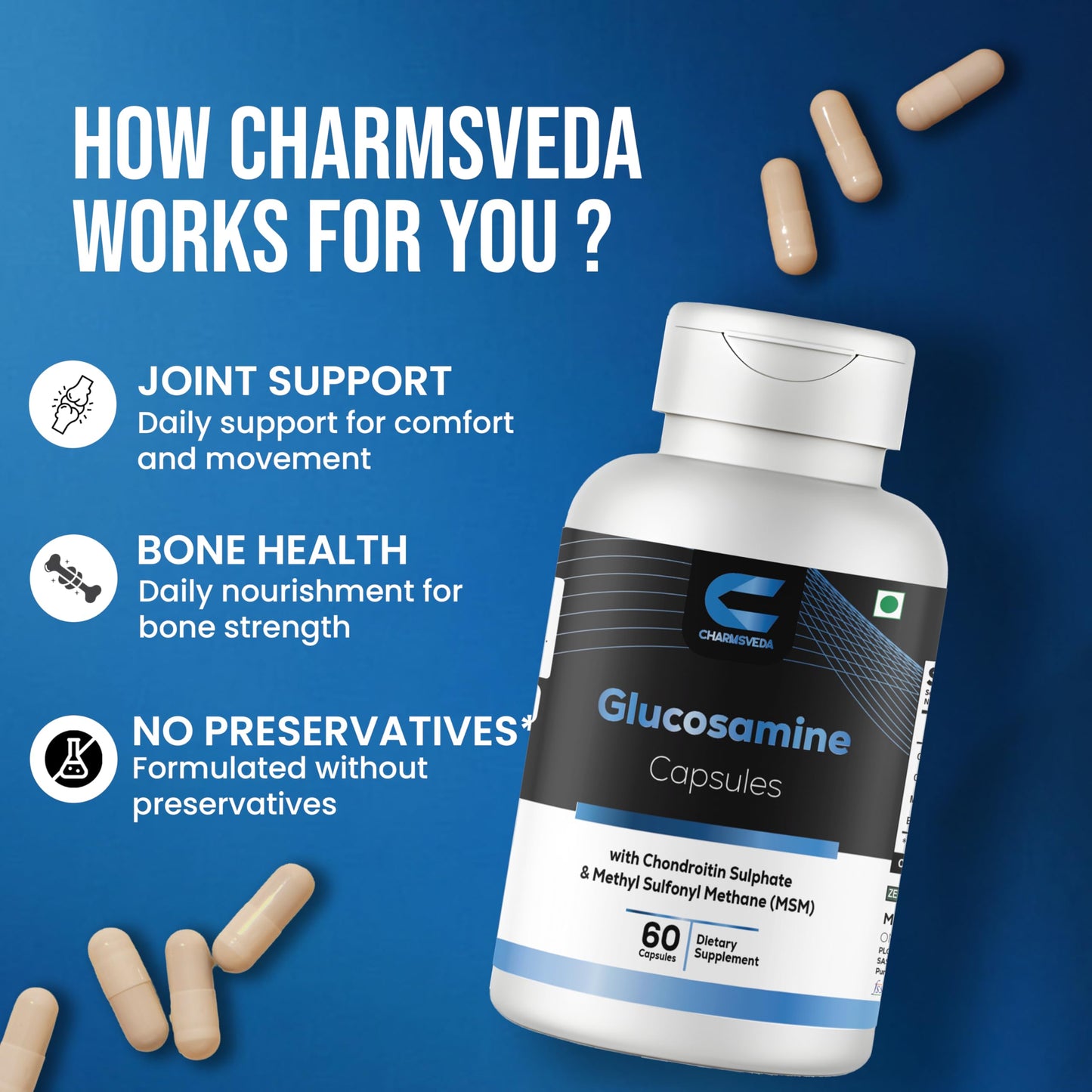CHARMSVEDA Glucosamine with Chondroitin Sulfate, MSM & Black Pepper Extract Capsules, 60 Count