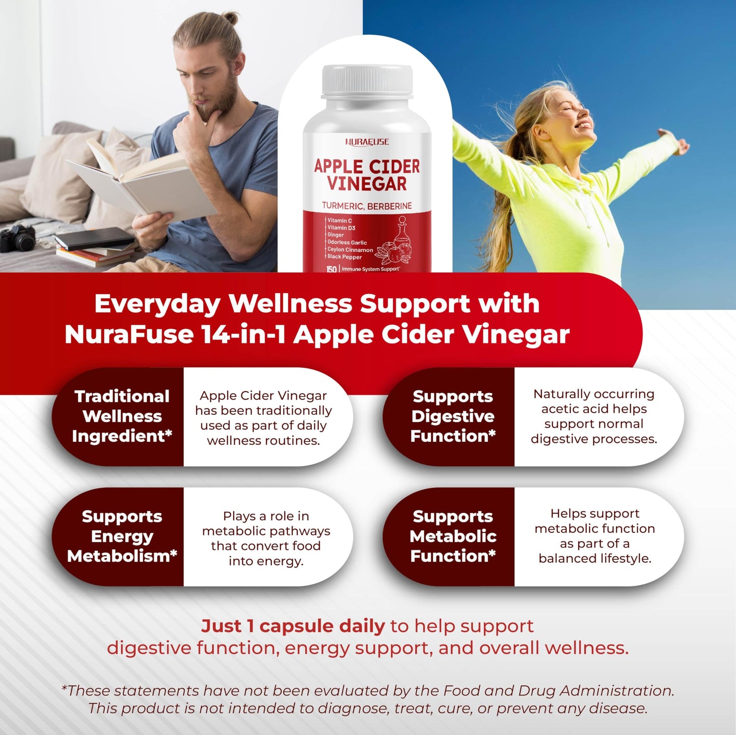 NURAFUSE Apple Cider Vinegar 14-in-1 Supplement Capsule with Turmeric, Ginger, Garlic, Cinnamon, Fenugreek, Blueberry, Milk Thistle, Banaba, 150 Count