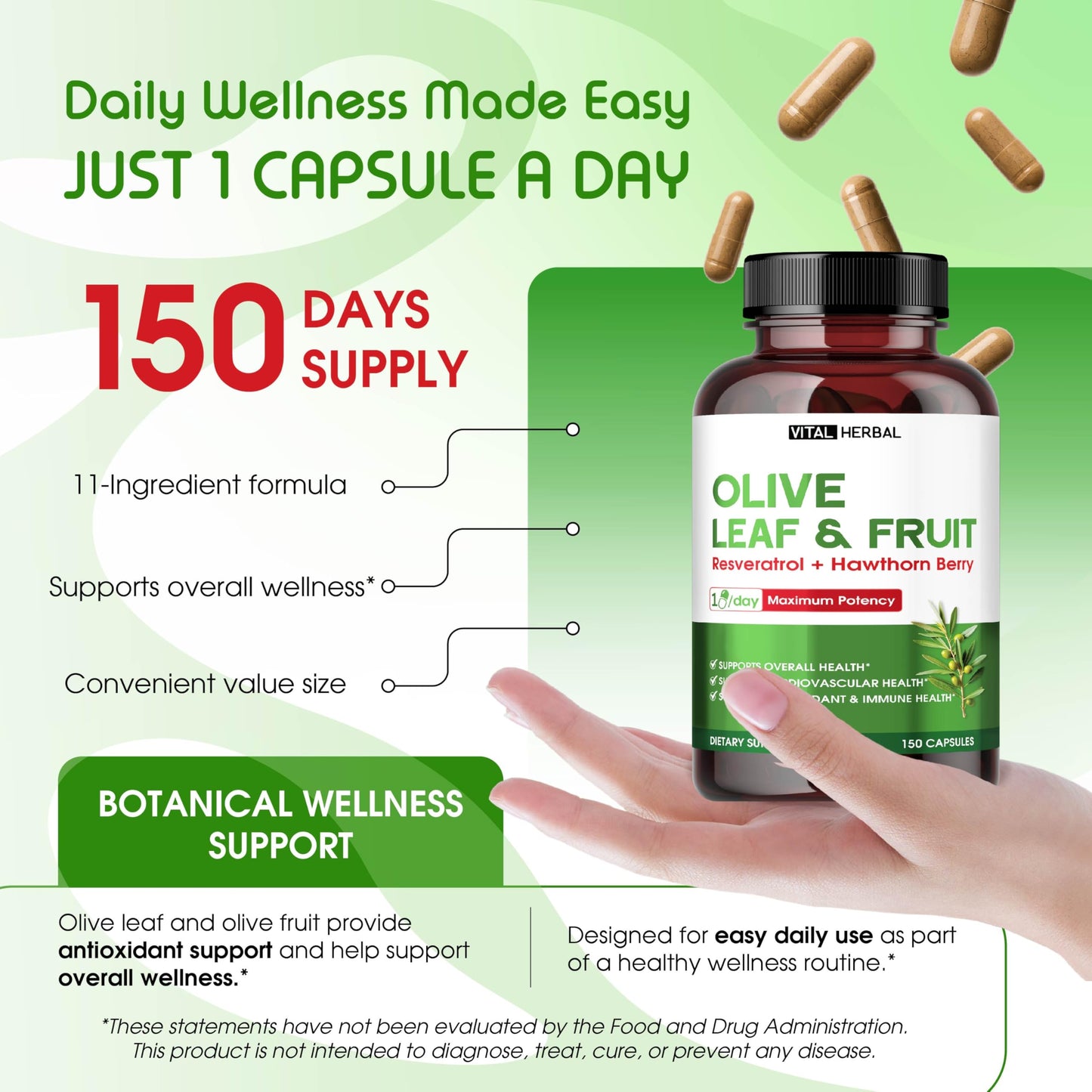 VITAL HERBAL Organic Olive Fruit & Leaf with Hawthorn Berry Capsules, 150 Capsules