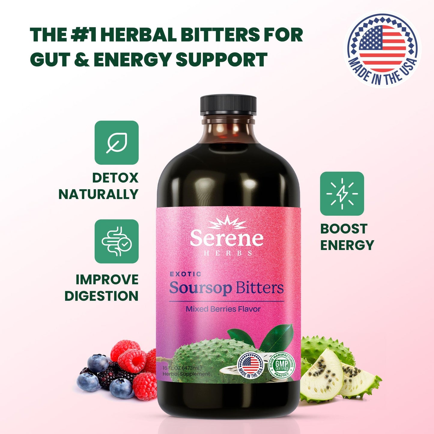 Serene Herbs Sweet Support Stack - Soursop Capsules + Mixed Berry Bitters, Capsules + Bitters, 61 Capsules