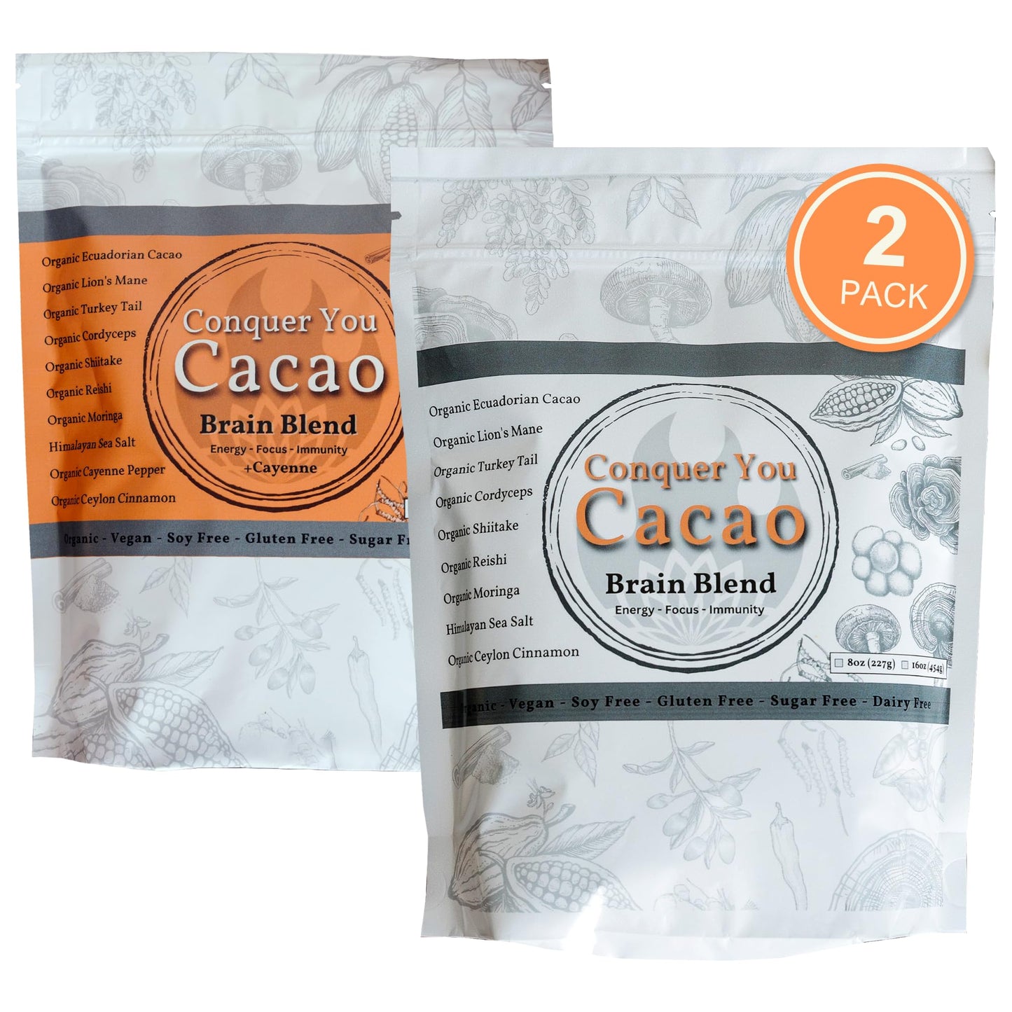 Conquer You Cacao Brain Blend+Cayenne, Organic Mushroom Hot Chocolate Drink, Gourmet Blend of Lions Mane, Cordyceps, Shiitake, Reishi, Moringa, & Turkey Tail with Cacao, Cinnamon & Sea Salt, Powder, 16