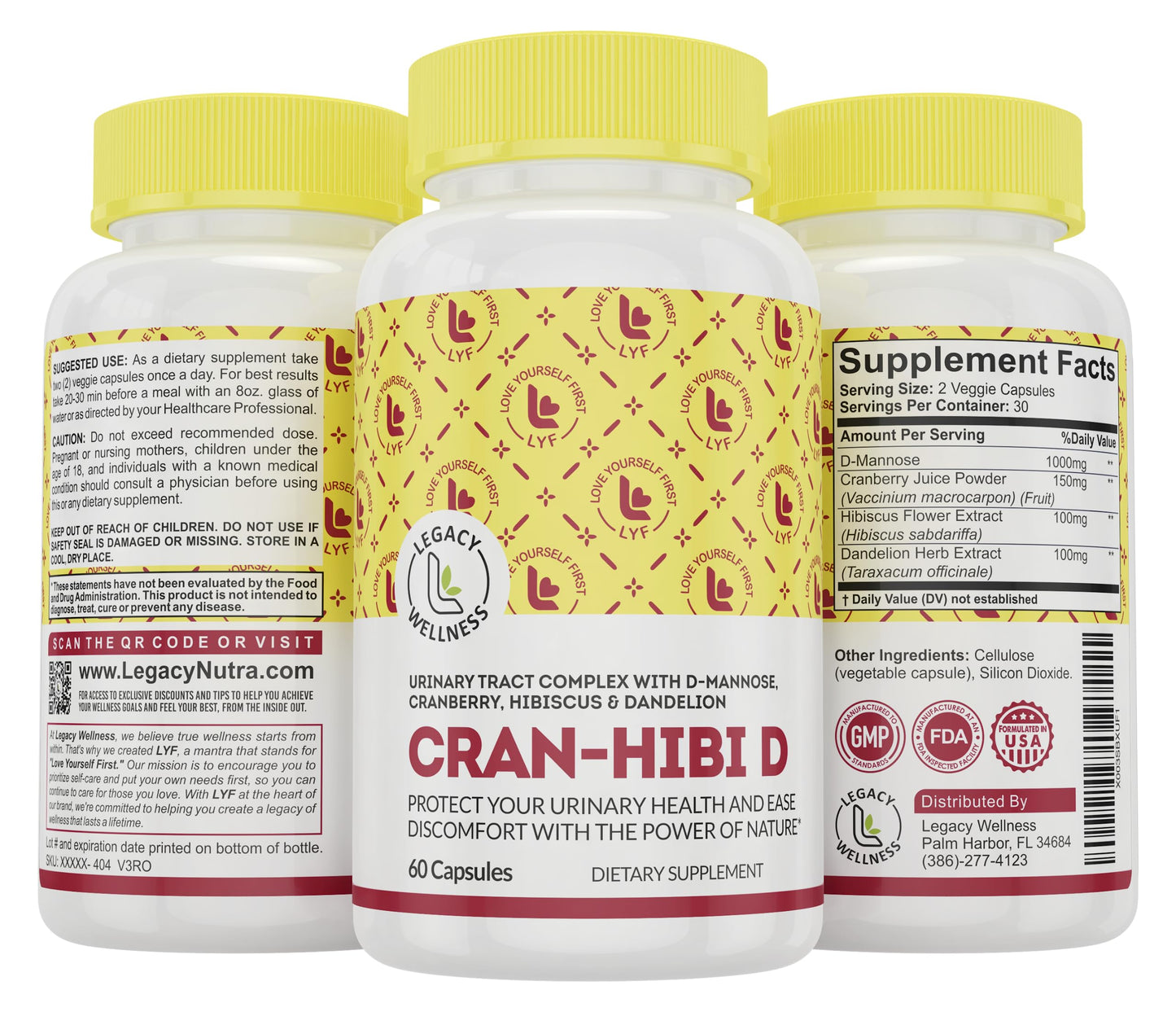 LegacyNutra Cran-Hibi-D D Mannose with Cranberry, Hibiscus & Dandelion Capsules - 60 Count