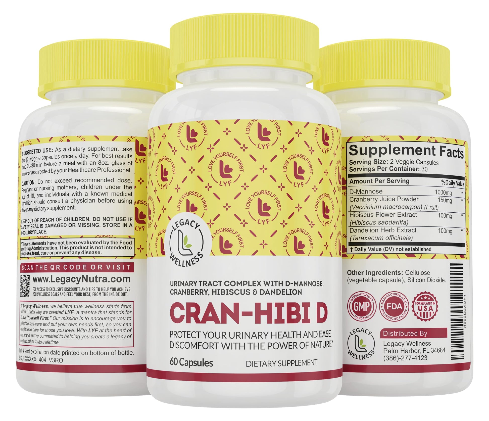 LegacyNutra Cran-Hibi-D D Mannose with Cranberry, Hibiscus & Dandelion Capsules - 60 Count