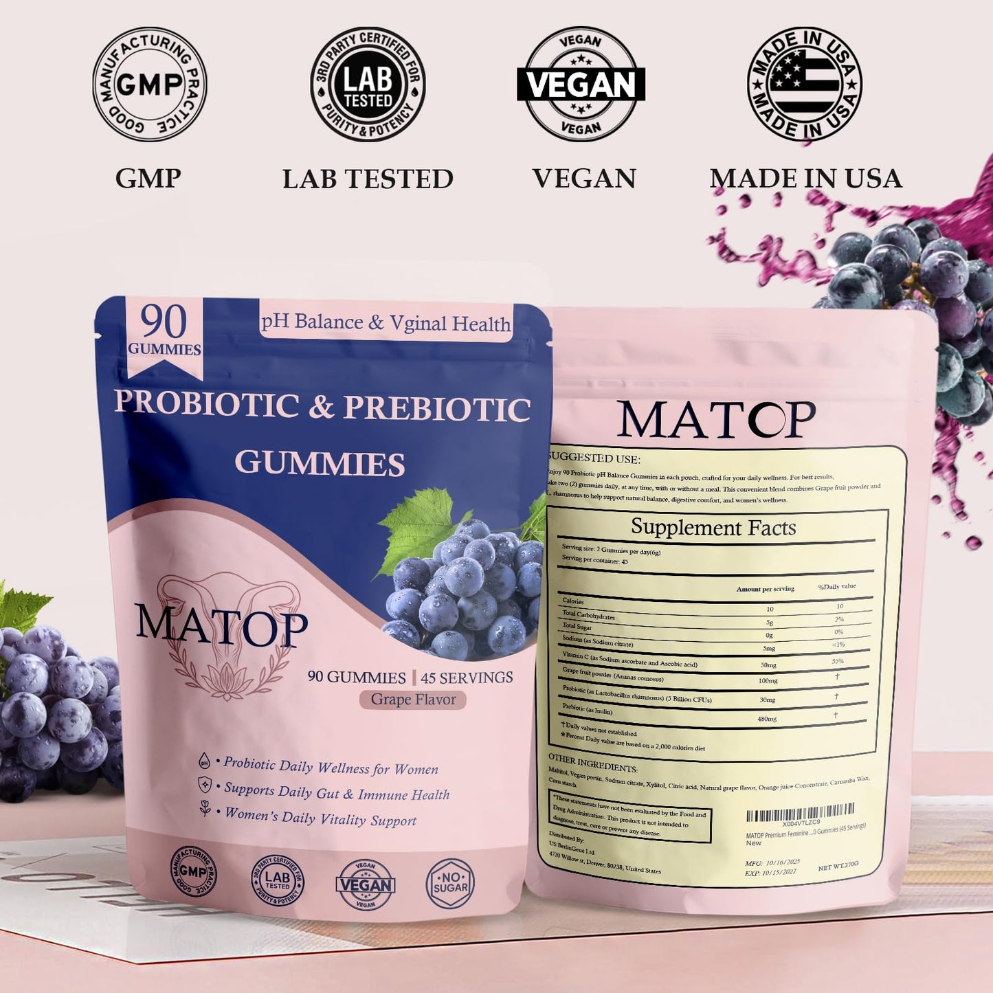 MATOP Vaginal Probiotic Prebiotic Gummies for Women, 90 Count