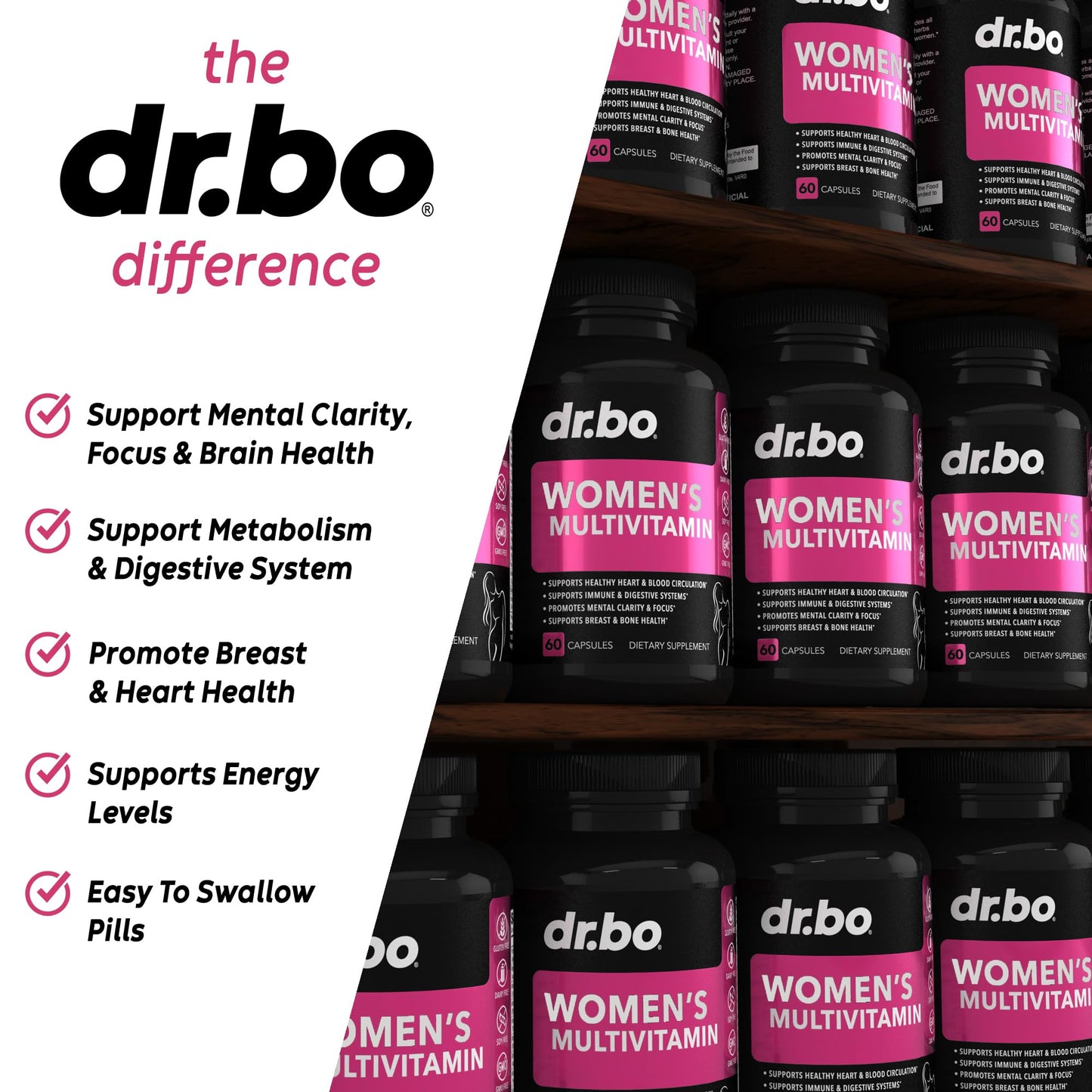 DR. BO Womens Multivitamin, Natural Daily Multivitamins for Women, Magnesium Plus Zinc, Multimineral Health Supplement, 60 Capsules