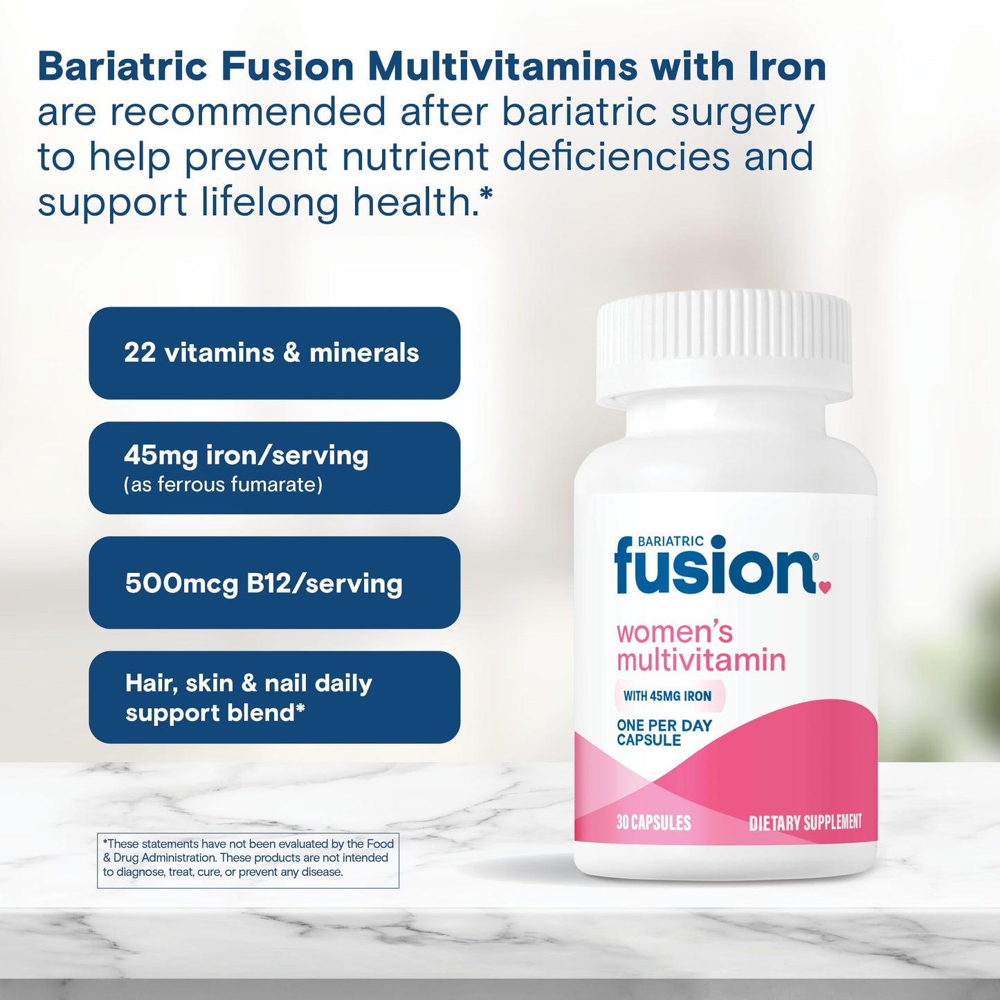 Bariatric Fusion Bariatric Multivitamin with Iron for Women Hair, Skin and Nails Blend for Hair Loss After Bariatric Surgery & GLP-1 Capsules, 30 Count