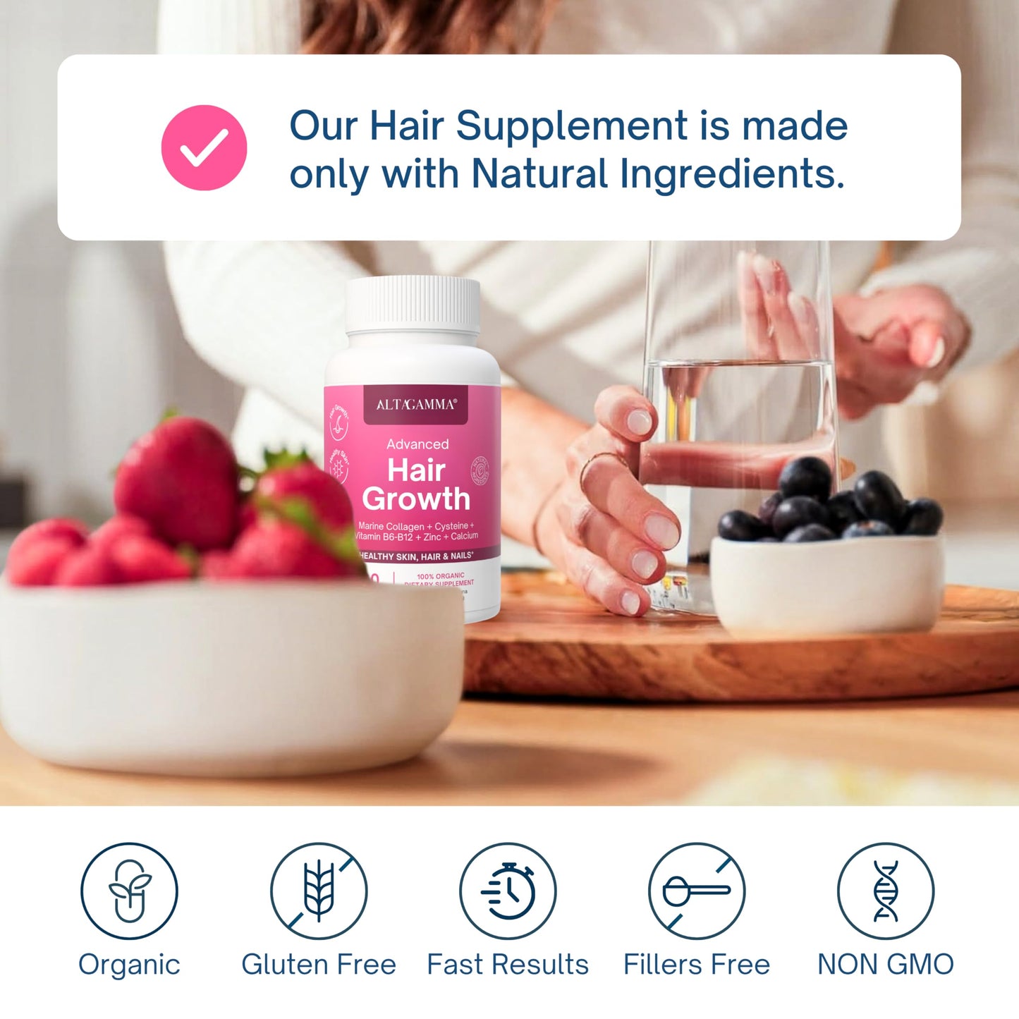 ALTAGAMMA Hair Growth Supplements with Marine Collagen Peptides, 60 Capsules