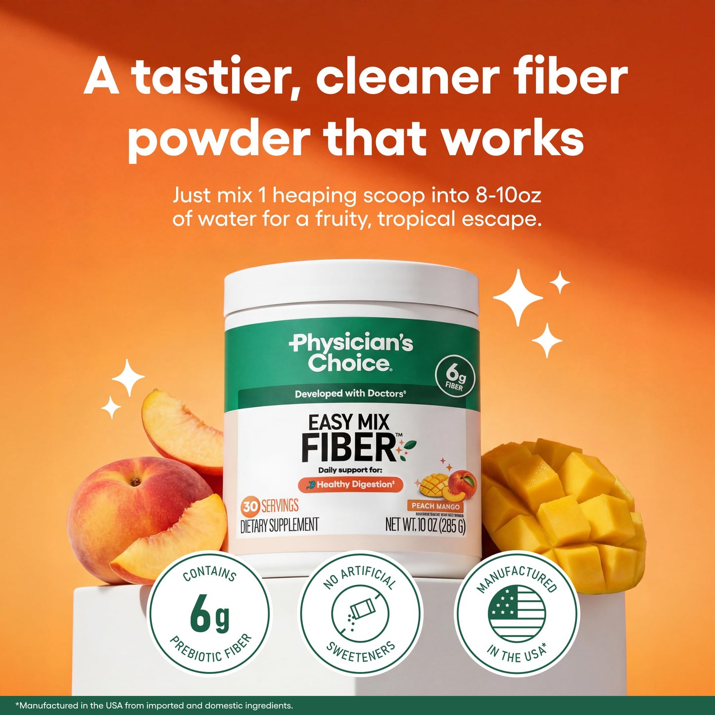 Physician's CHOICE Easy Mix Fiber for GLP-1 Support - No Grit - Daily Prebiotic Soluble Fiber Powder, Peach Mango, 10 oz