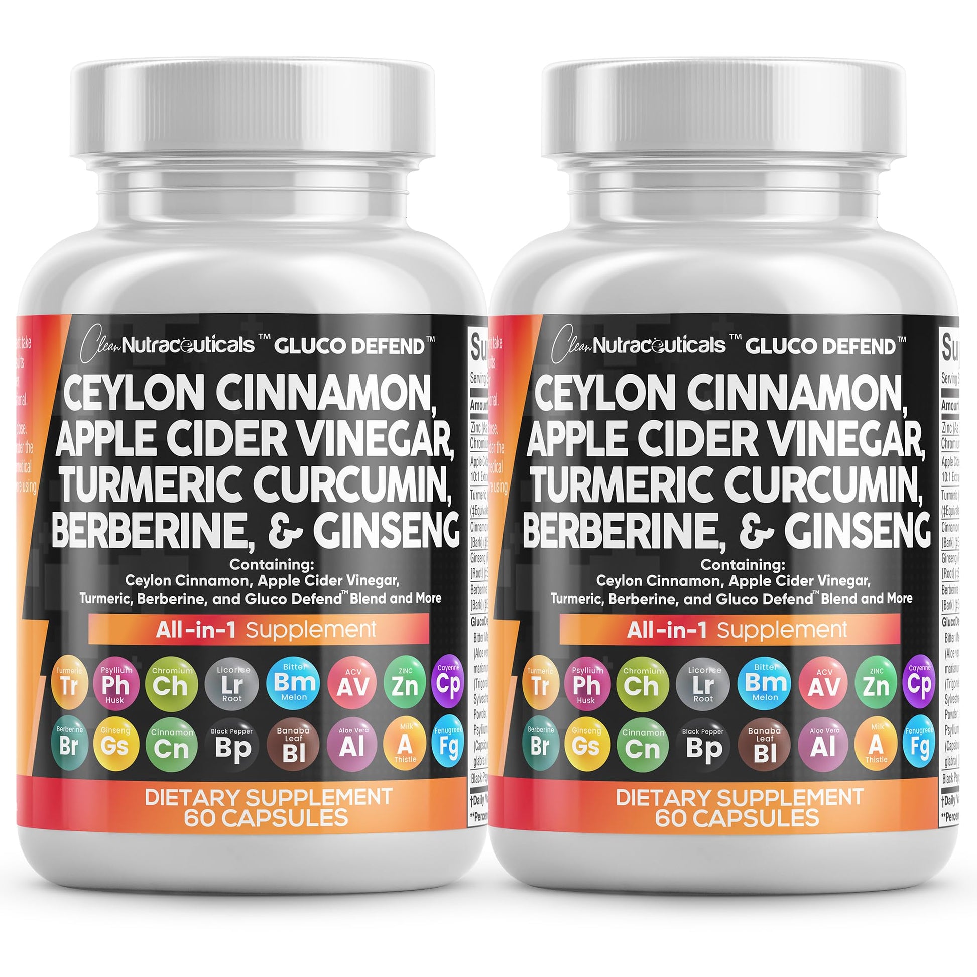 Clean Nutraceuticals Ceylon Cinnamon Capsules + Berberine Turmeric Apple Cider Vinegar Ginseng Bitter Melon Gymnema Milk Thistle Fenugreek Supplement, 120 Capsules