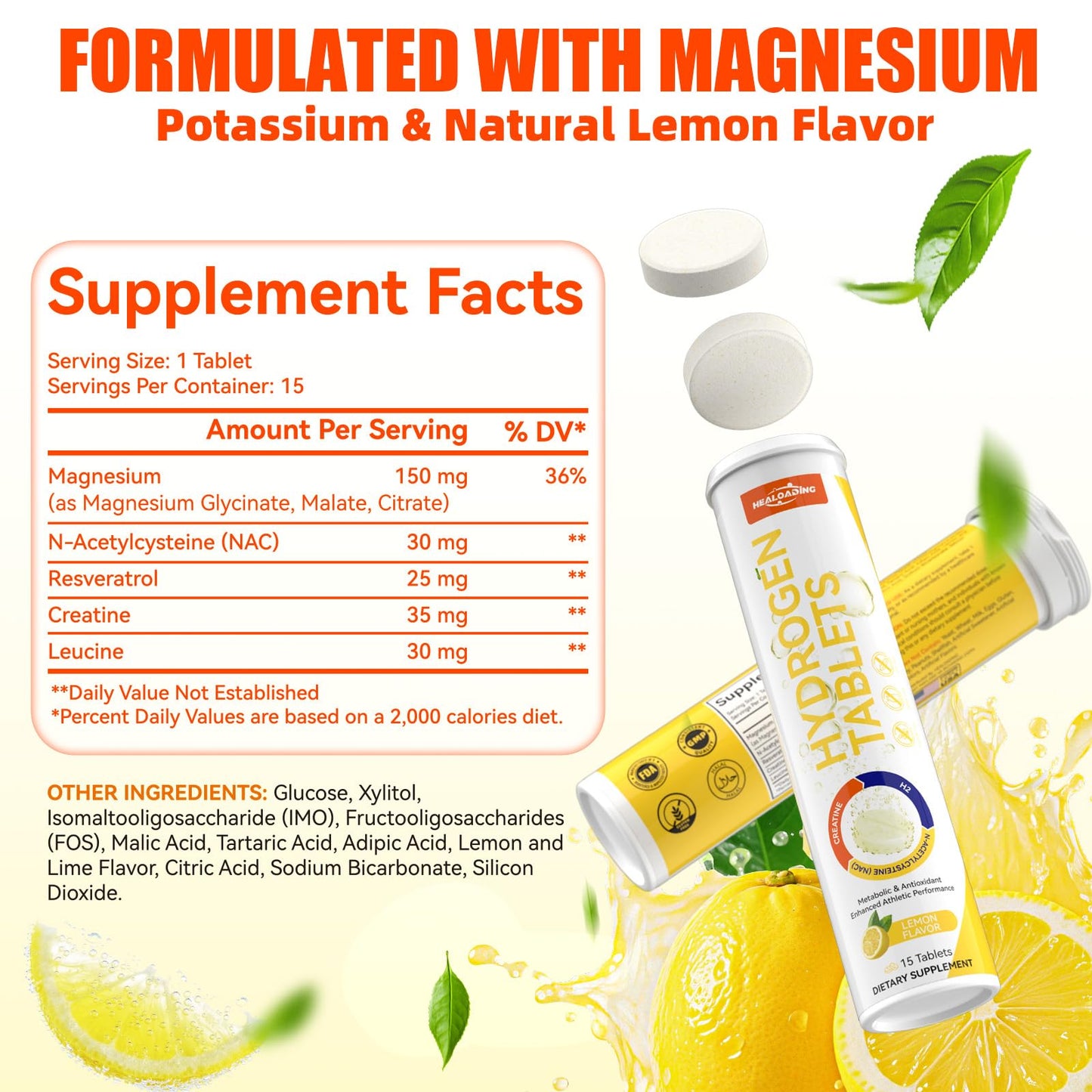 HEALOADING Hydrogen Water Tablets with Magnesium, 15 Tablets