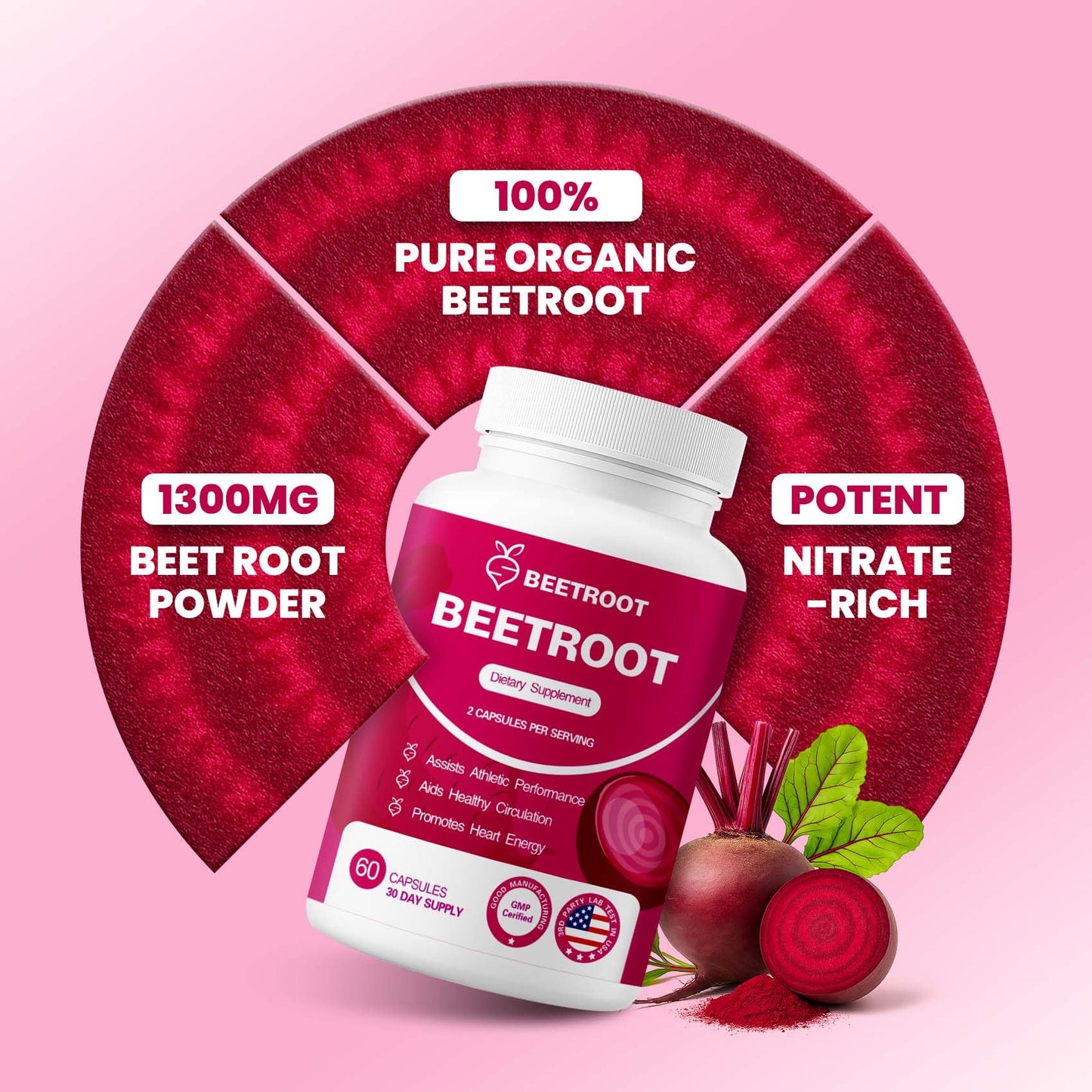 ZENVIVIAN Beetroot Capsules 1300mg Non-GMO Beet Root Powder Supplement, 60 Capsules