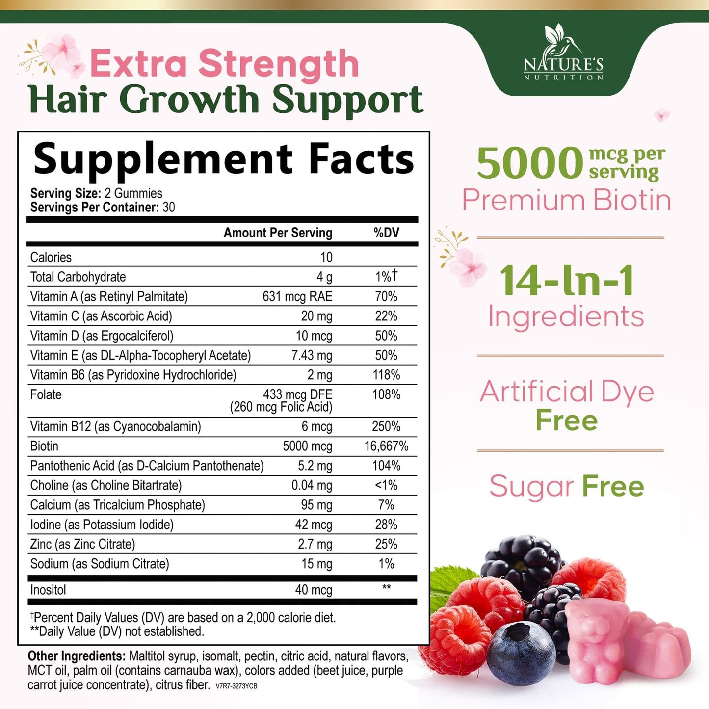 Nature's Nutrition Hair Vitamins with Biotin 5000 mcg Gummy, 60 Gummies