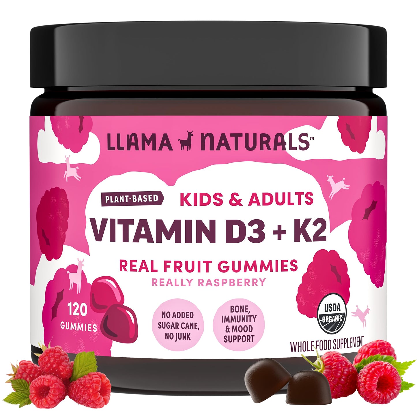 Llama Naturals Vitamin D3 K2 Gummies, Real Fruit Gummies, 120 Count