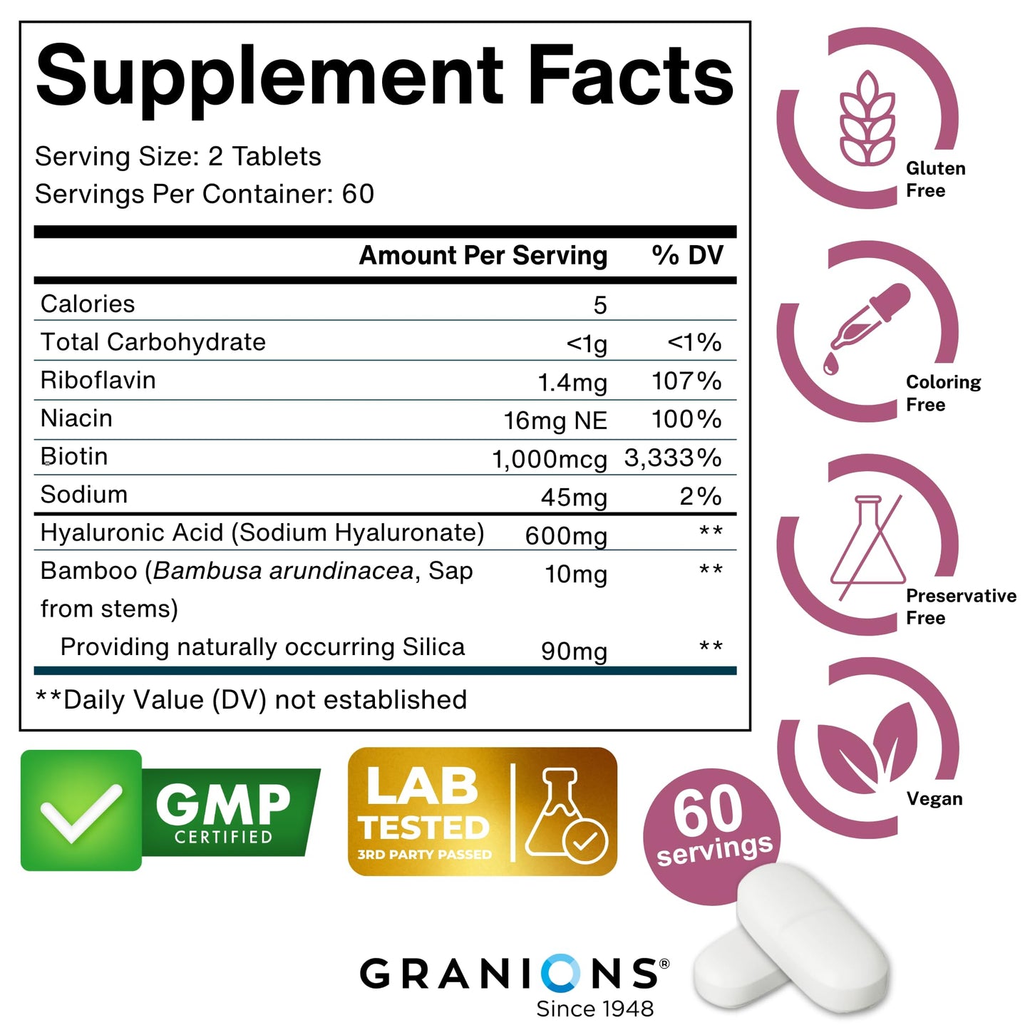 Granions Hyaluronic Acid Supplement 600mg Tablet 120 Tablets