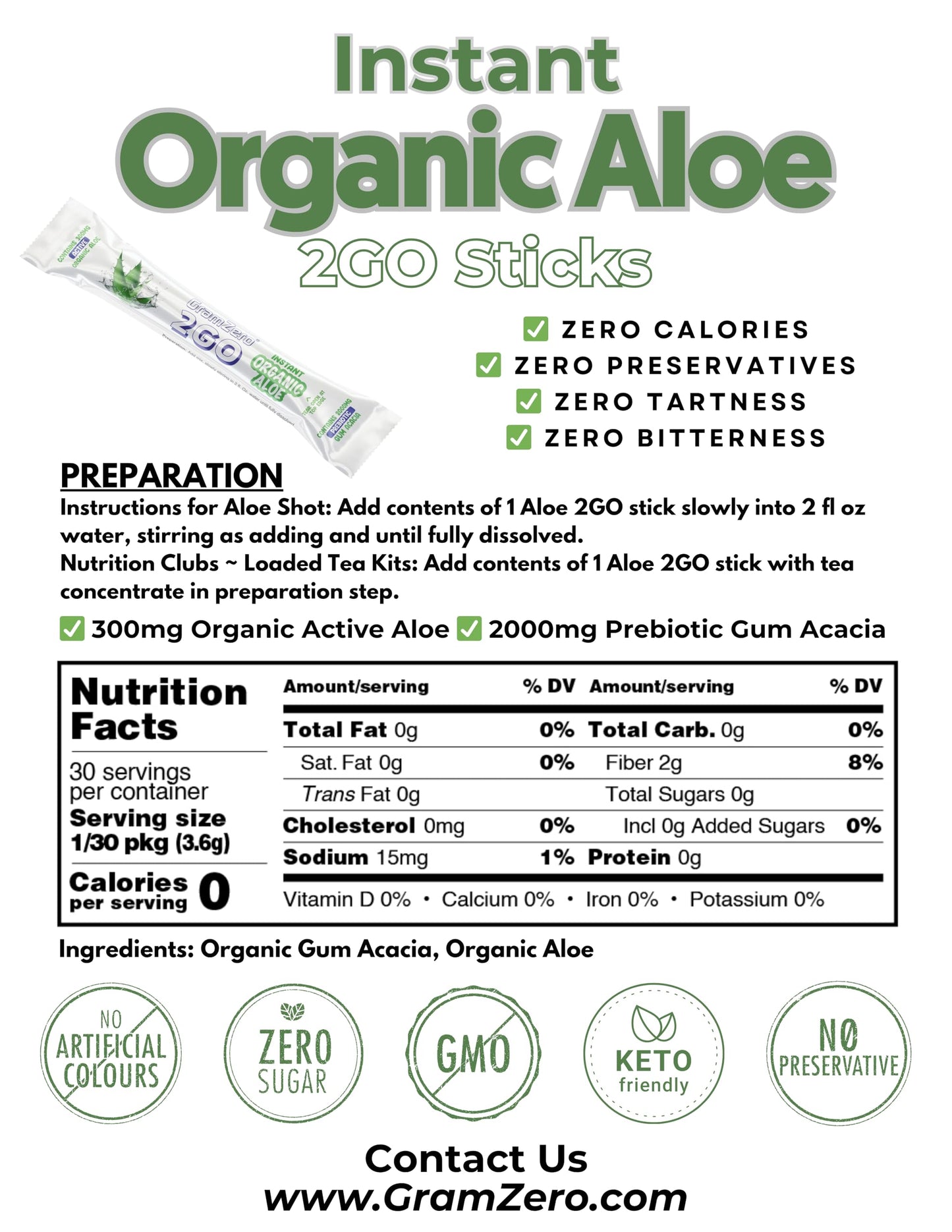 GramZero 2GO Sticks Organic Aloe Powder 12.7 Ounce