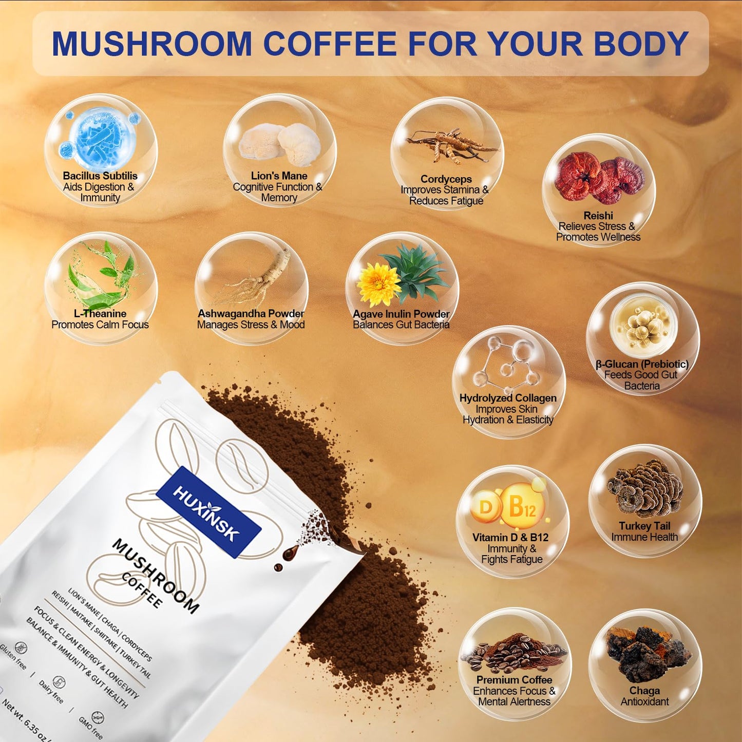 HUXINSK Organic Mushroom Coffee Instant Coffee with Lion’s Mane, Reishi, Cordyceps, Collagen, β-Glucan (Prebiotic) Powder 6.35 oz