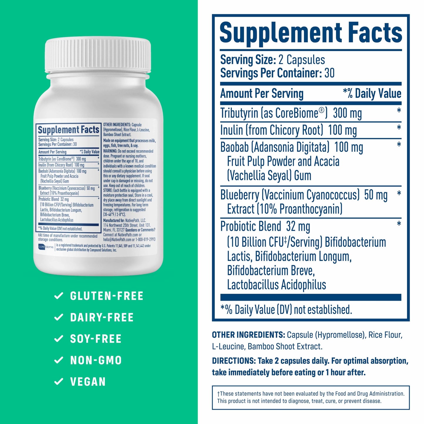 NativePath Complete Synbiotic - Pre, Pro & Postbiotic 3-in-1 for Gut Health & Digestive Support 60 Capsules