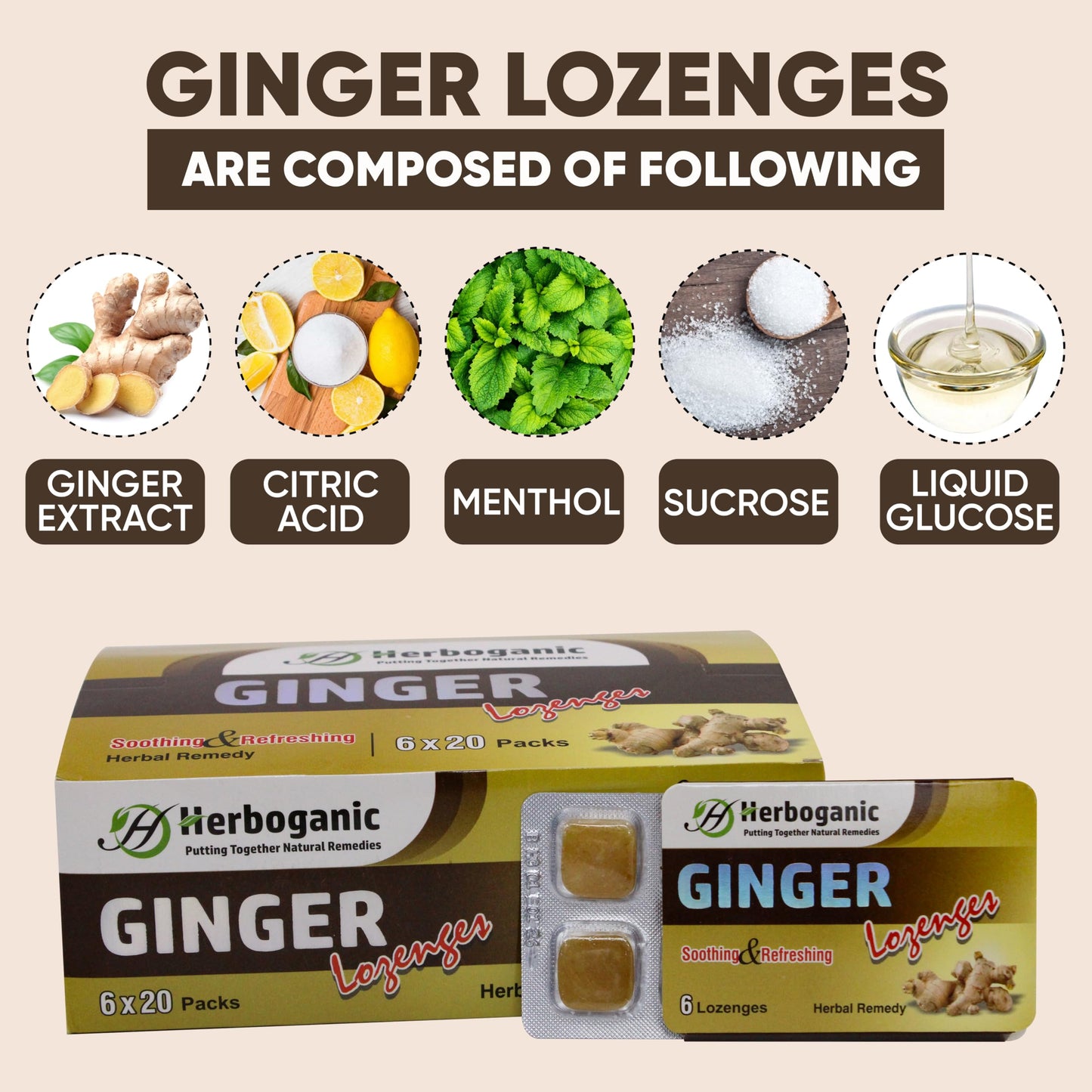 HERBOGANIC Ginger Lozenges 120 Tablets