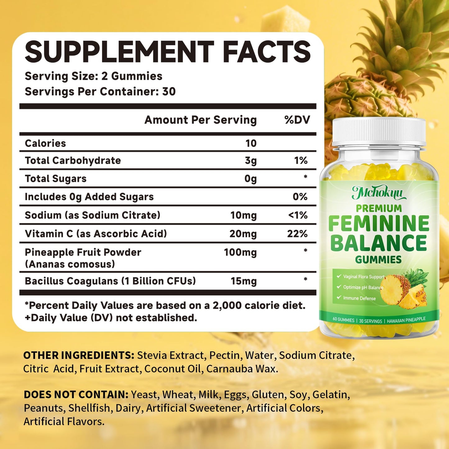 Mchokuu Premium Feminine Balance Gummies for Women pH Balance Support & Immune Health, Sugar Free, Non-GMO, Vegan, Gluten-Free - 60 Gummies