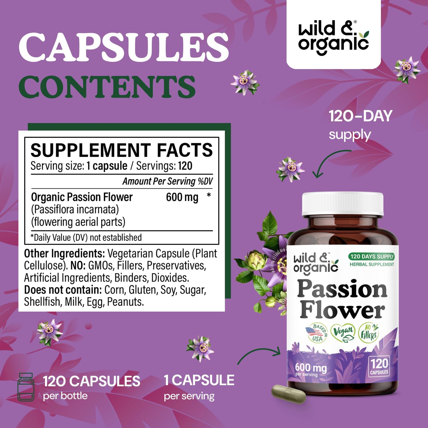 Wild & Organic Passion Flower Extract Capsules 600 mg 120 Count