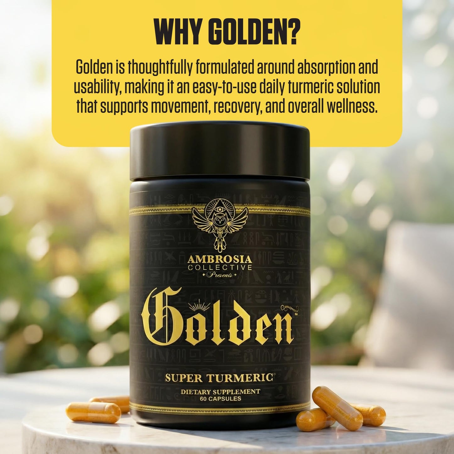 Ambrosia Golden Super Turmeric Bioavailable Curcumin HydroCurc Gut, Brain & Joint Support 765mg Active Curcuminoids Capsules 60 Count