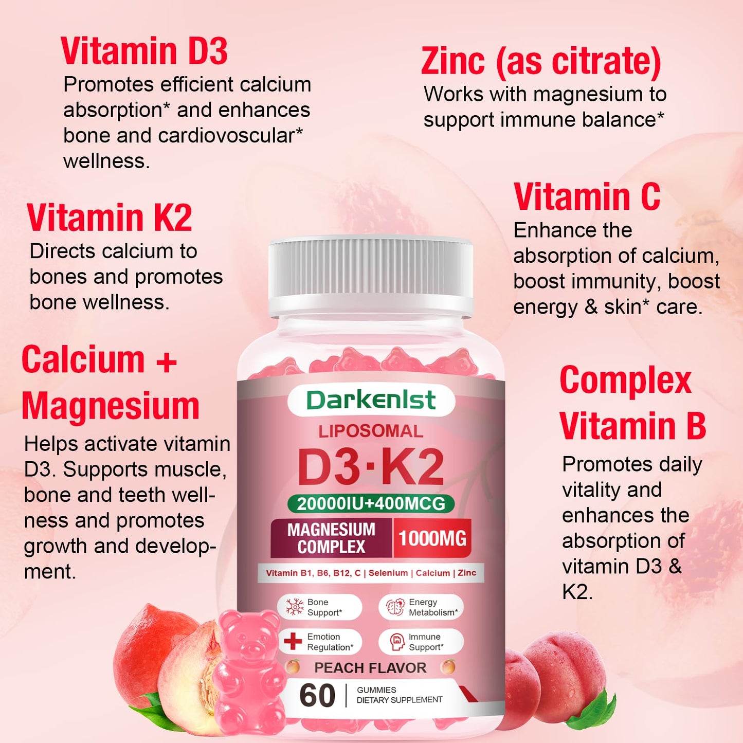 Darkenlst Liposomal Vitamin D3 + K2 with Magnesium Complex Gummies, 60 Count
